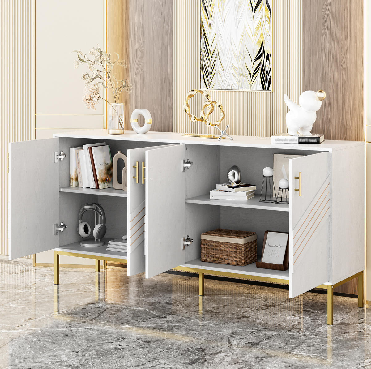 SIDEBOARD 160/40/80,5 cm in Weiß mit 4 Türen und verstellbaren Einlegeböden - Weiß, Holzwerkstoff (40/80.5/160cm) - Flora Grace