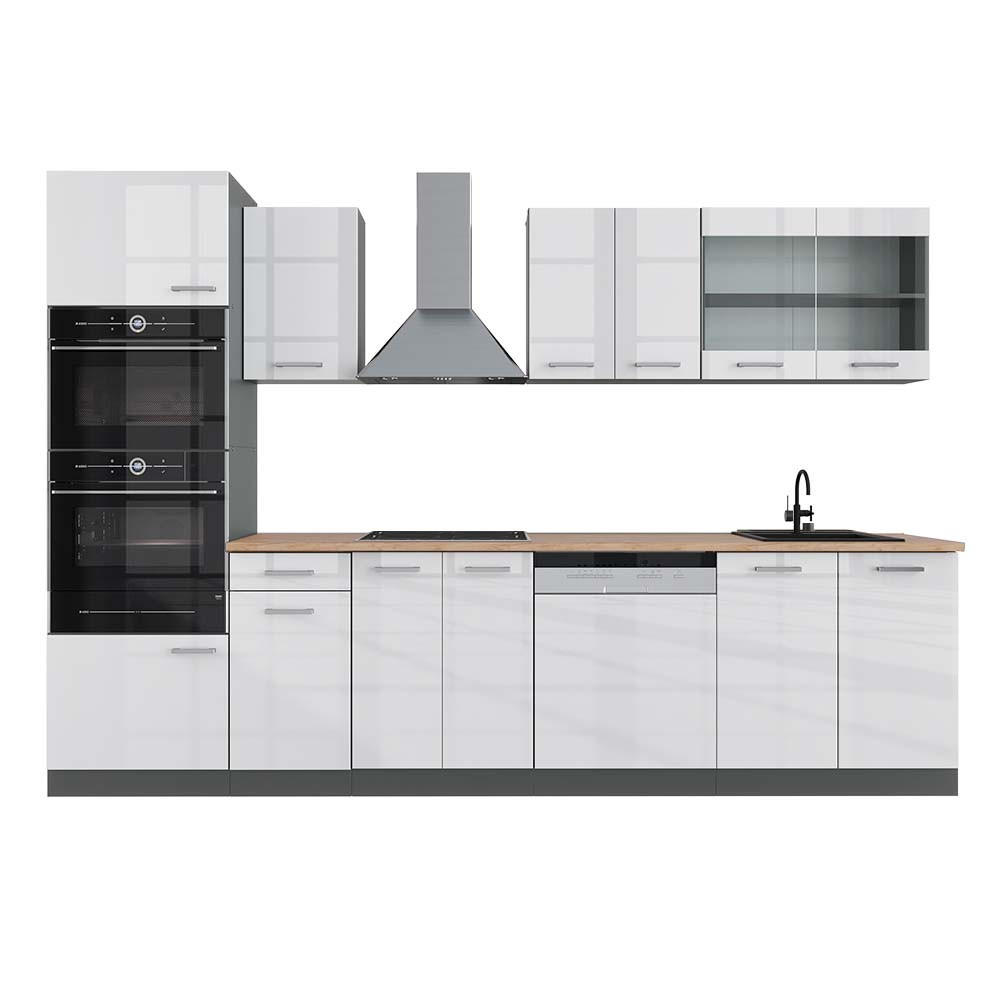 KÜCHENZEILE R-Line Weiß Hochglanz/Anthrazit 300 cm mit Hochschrank AP Eiche - Weiß Hochglanz/Anthrazit, Holzwerkstoff (300/81.6/60cm) - Vicco