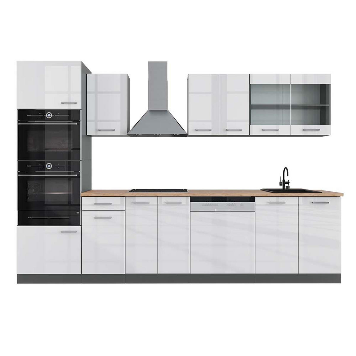 KÜCHENZEILE R-Line Weiß Hochglanz/Anthrazit 300 cm mit Hochschrank AP Eiche - Weiß Hochglanz/Anthrazit, Holzwerkstoff (300/81.6/60cm) - Vicco