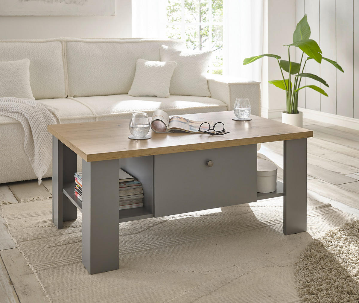 COUCHTISCH C14 Light Gray & Artisan Eiche 107/46/67 cm Landhaus - Grau, Holzwerkstoff (67/107/46cm) - Livojo