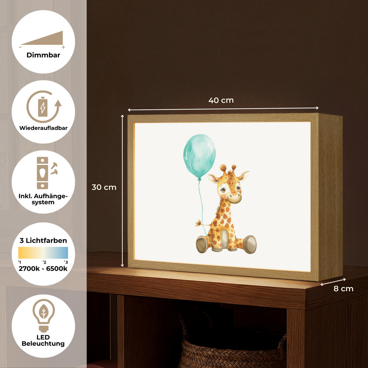 NACHTTISCHLAMPE MIT AKKU Giraffe - Baby - Tiere - Blauer Ballon 40x30 cm - Weiß, Holzwerkstoff (8/40/30cm) - OnlyWow