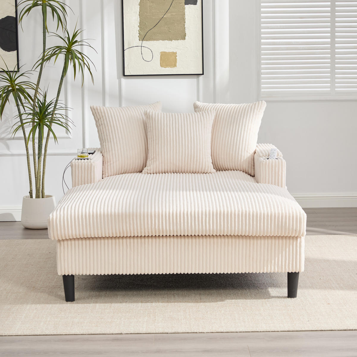 CHAISELONGUE mit Stauraum und USB 129 x 170 cm Cord Beige - Beige, Holz (170/70/129cm) - Meubliv