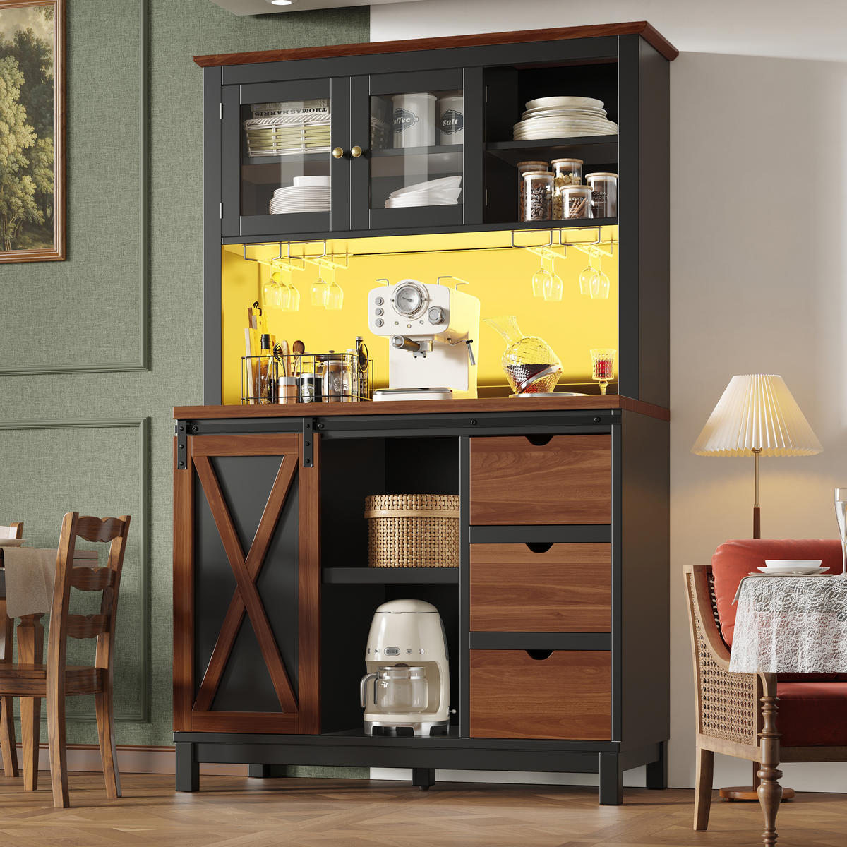 GESCHIRRSCHRANK aus MDF+Metall+Glas 104x40x180cm in Schwarz mit LED - Schwarz, Holzwerkstoff (104/180/40cm) - Modfu