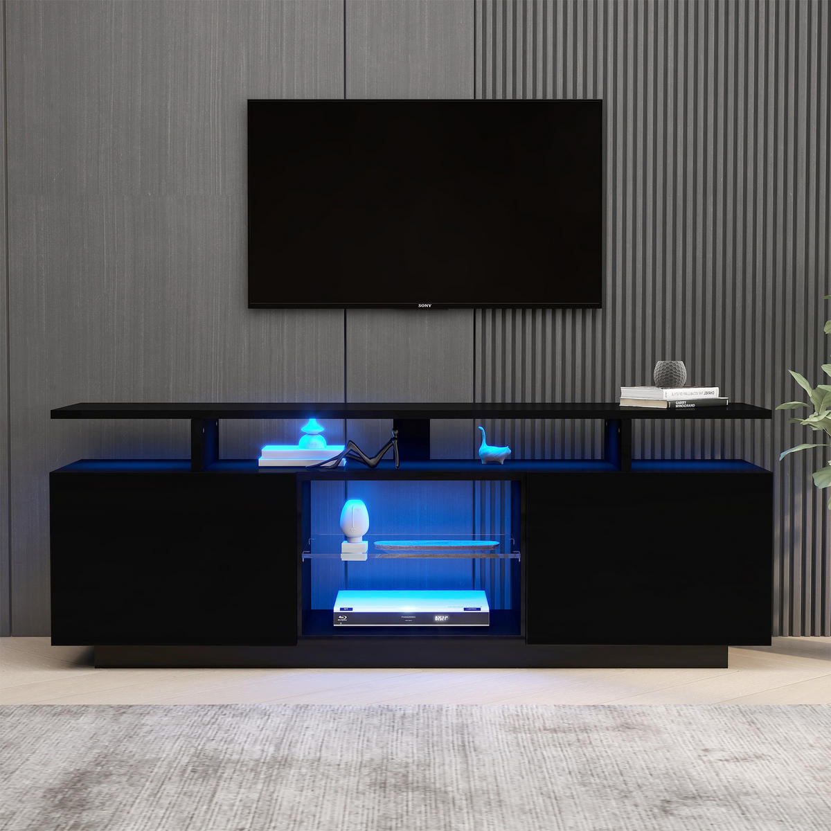 TV-ELEMENT 140 cm Hochglanz Schwarz mit 16-Farben-LED und Glasfach - Schwarz, Holzwerkstoff (35/55/140cm) - Korfee