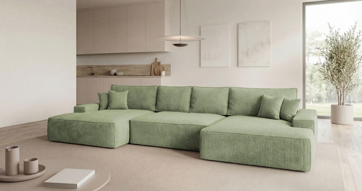 WOHNLANDSCHAFT VERONA U-Form hellgrün Cord Poso 47 - Schlaffunktion, Bettkasten - Hellgrün, Textil (385/86/185cm) - Cornero