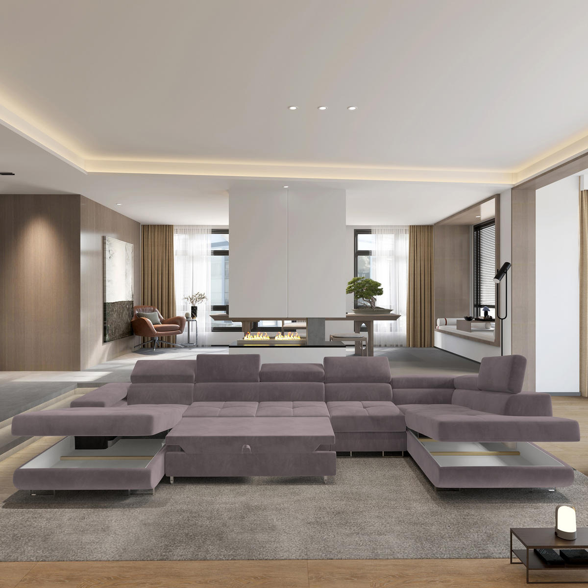 WOHNLANDSCHAFT VELORA R-S Lila Velours-Stoff mit Schlaffunktion - Lila, Holz (419/90/202cm) - MASSENO