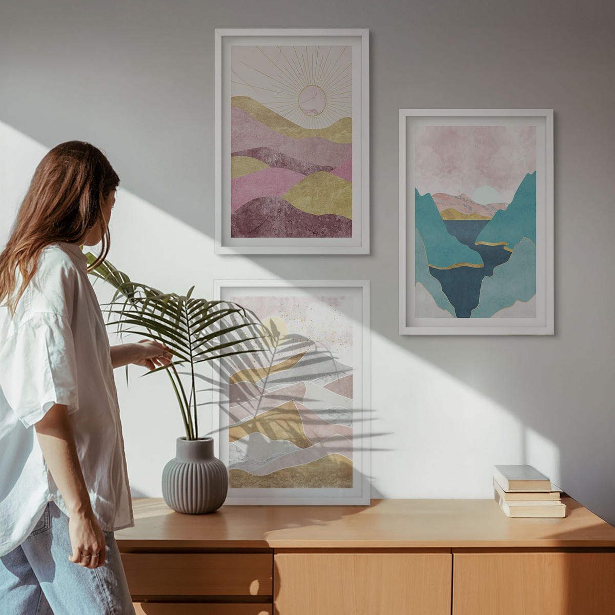 WANDBILDER 3er-Set - 40x60 cm Weißer Rahmen - Abstrakte Berge Sonne - Weiß, Kunststoff (40/60cm) - ArtPrintCave