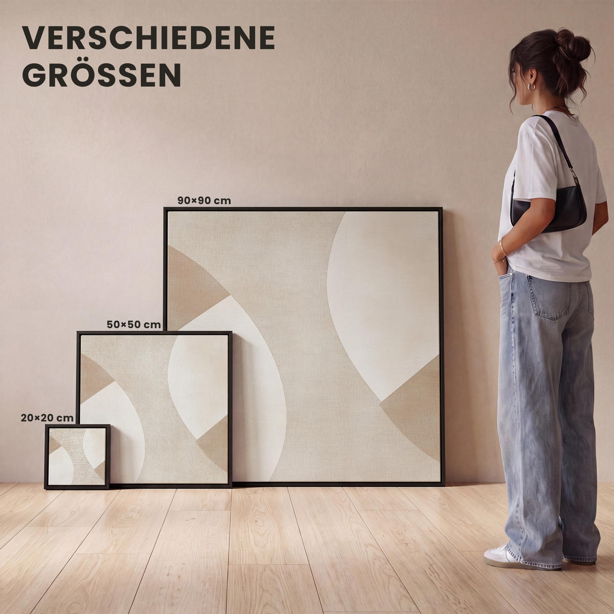 LEINWAND Bilder mit Rahmen - Braun - Japandi - Abstrakt - 90x90 - Sandfarben, Textil (90/90cm) - MuchoWow
