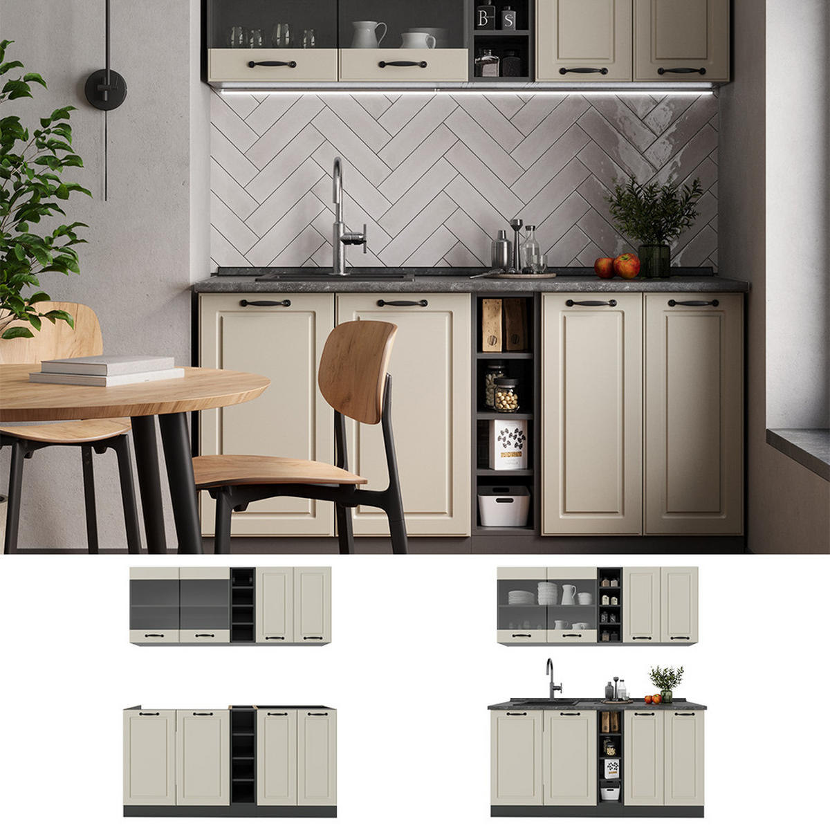 SINGLEKÜCHE R-Line, Sand Landhaus/Anthrazit, 160 cm Arbeitsplatte Anthrazit - Beige/Anthrazit, Holzwerkstoff (160/81.6/60cm) - Vicco
