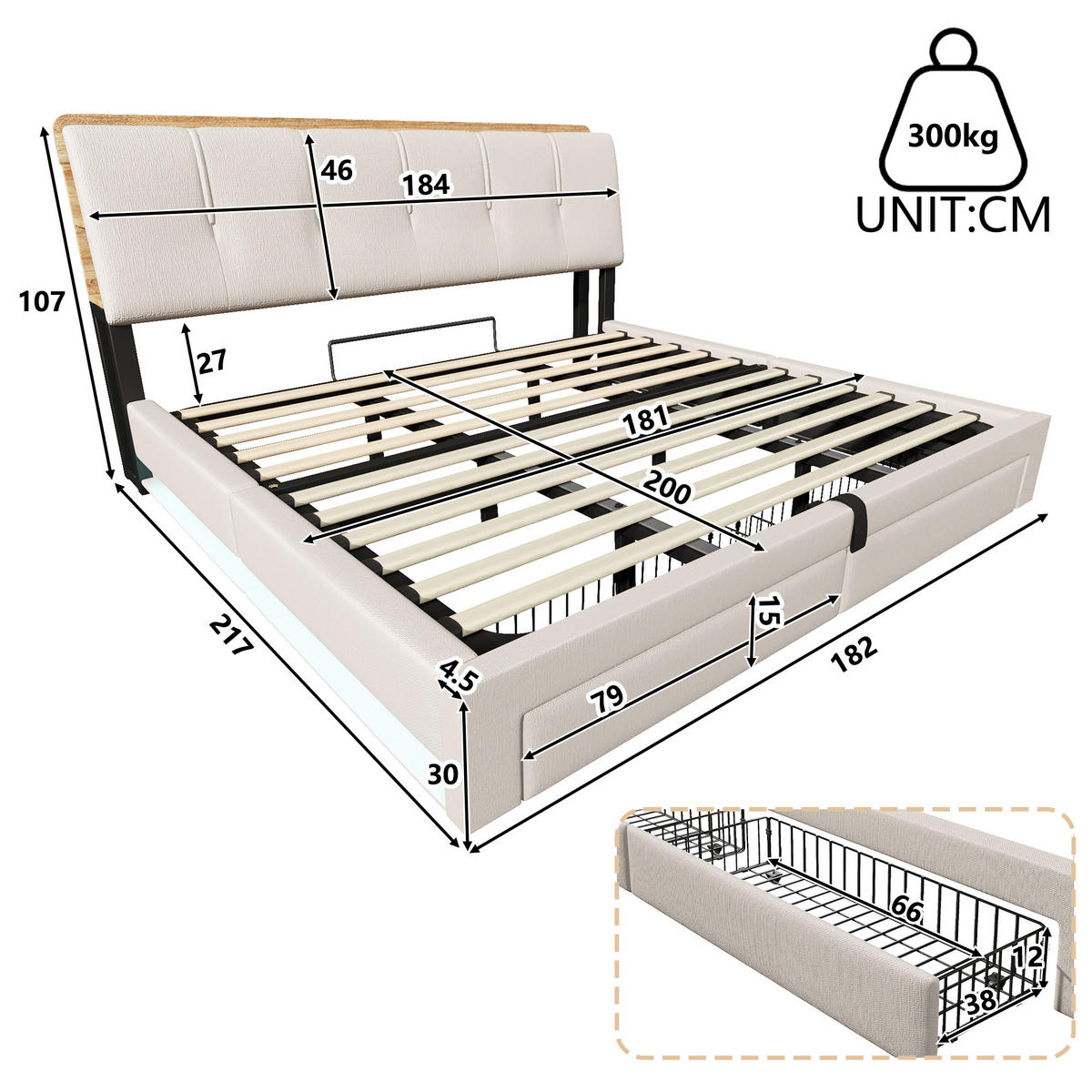 POLSTERBETT 180/200 cm Beige mit USB-Typ-C-Ladeanschluss, LED-Beleuchtung und 2 Schubladen - Beige, Textil (180/200cm) - Oxeza