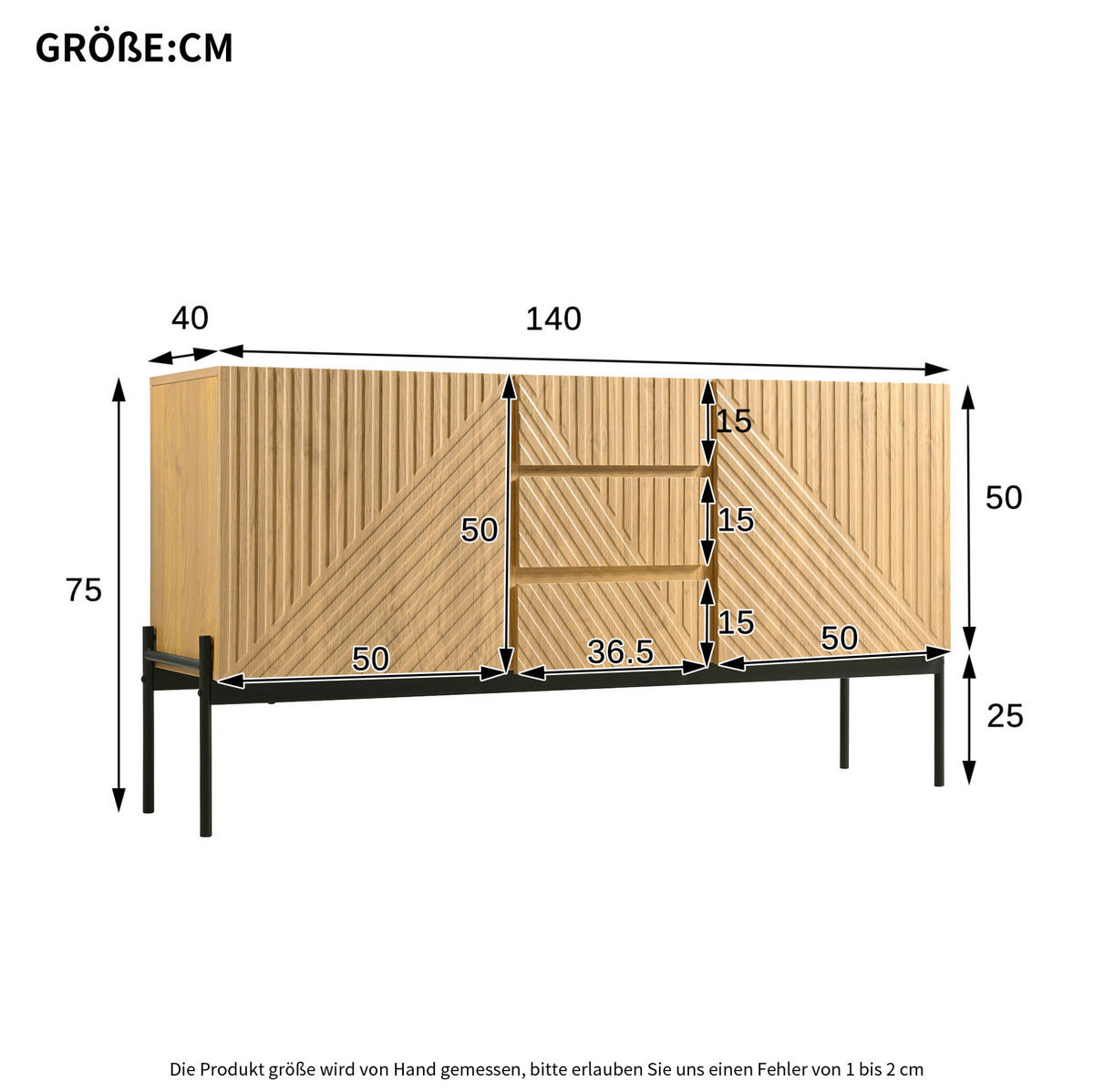 SIDEBOARD 140/40/75 cm in Natural mit 2 Türen, 3 Schubladen und Metallbeinen - Naturfarben, Holzwerkstoff (140/75/40cm) - Flora Grace