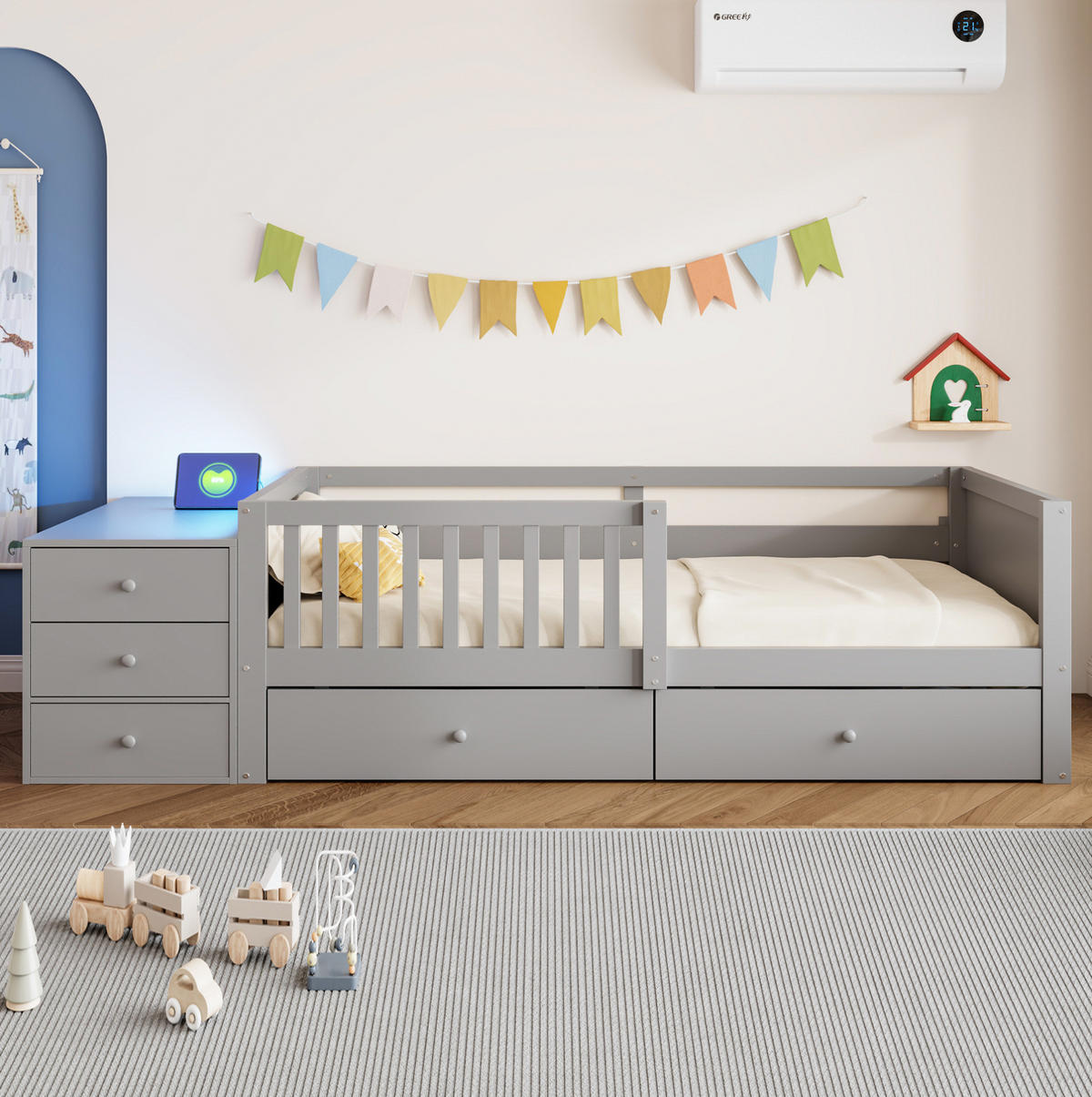 HOCHBETT 90x200 cm in Grau mit Schubladen, LED-Beleuchtung und Steckdose - Grau, Holz (90/200cm) - IVMEU