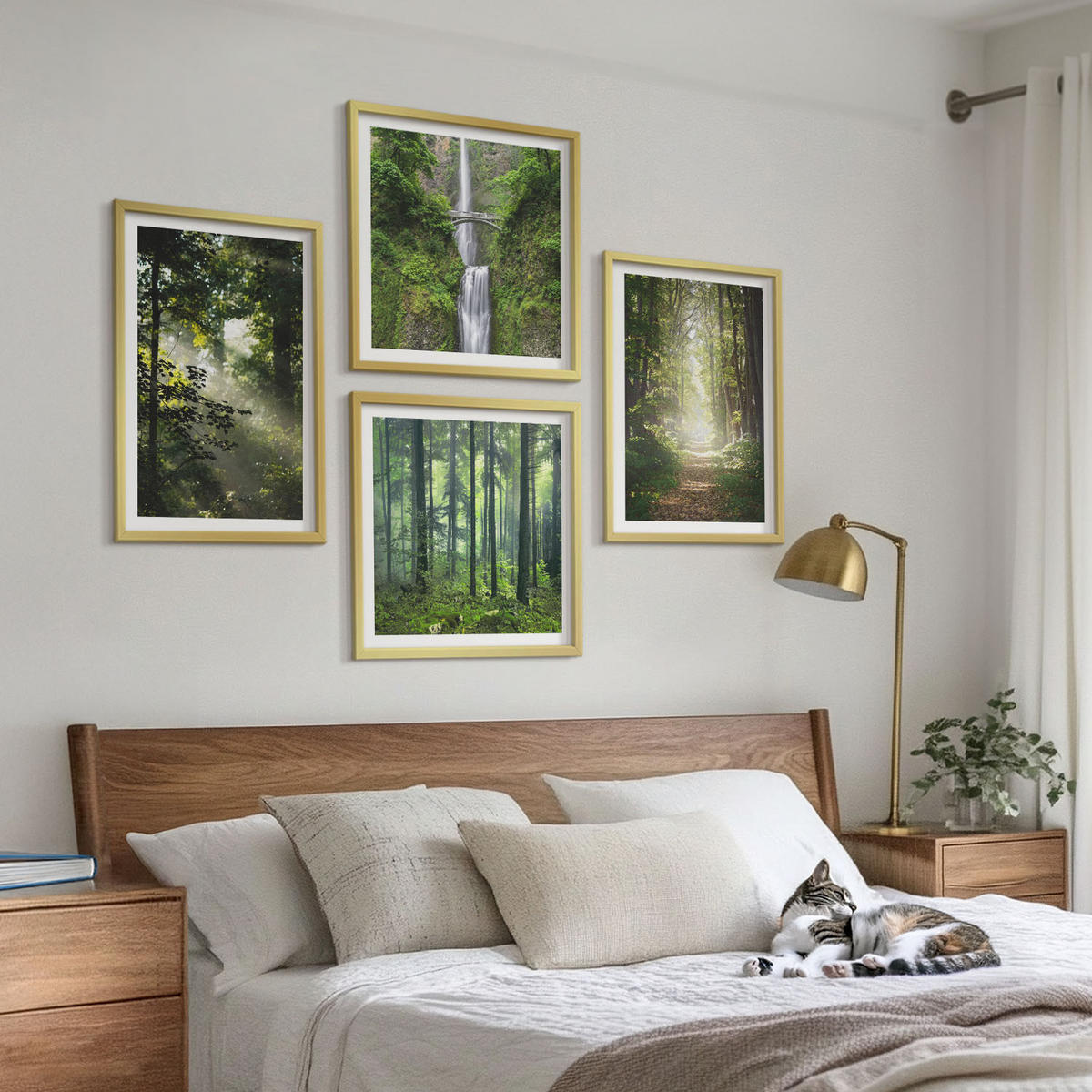 WANDBILDER 4er Set - 50x50 cm & 40x60 cm Goldrahmen - Grüne Wälder, Lichtstrahlen - Goldfarben, Kunststoff (50/50cm) - ArtPrintCave