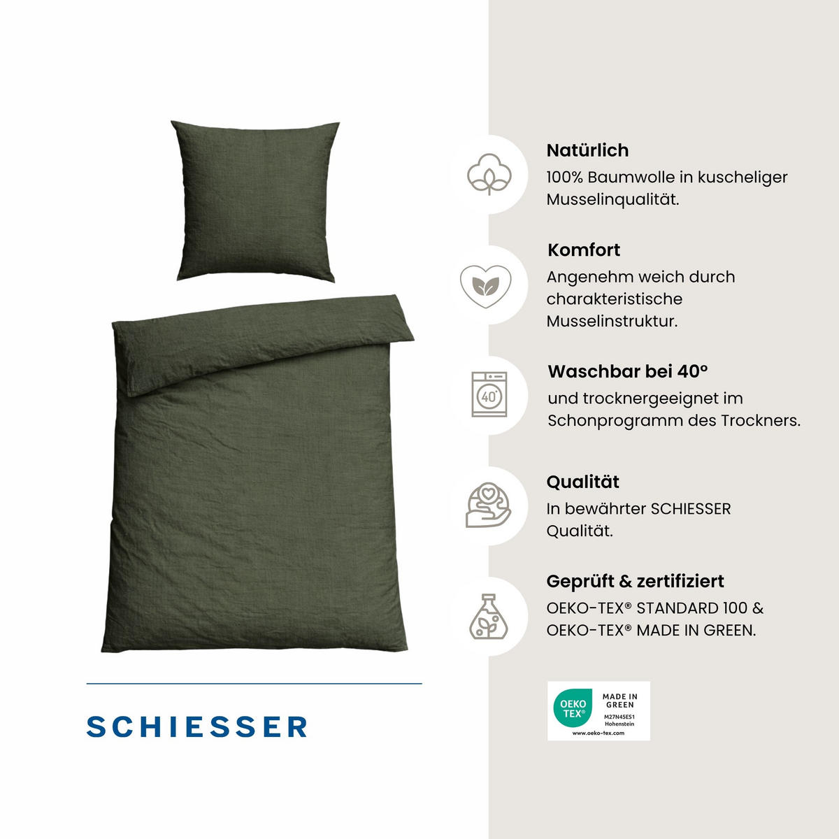 BETTWÄSCHESET Molly - Musselin - 2-teilig - 155x220 cm - Dunkelgrün - Dunkelgrün, Textil (155/220cm) - SCHIESSER