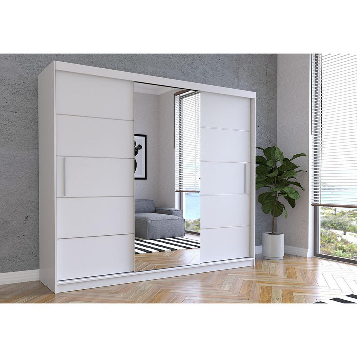SCHWEBETÜRENSCHRANK Alba Weiß/Weiß + Spiegel, mit LED-Beleuchtung 250 cm - Alufarben/Weiß, Glas/Holzwerkstoff (250/218/61cm) - imoebel24