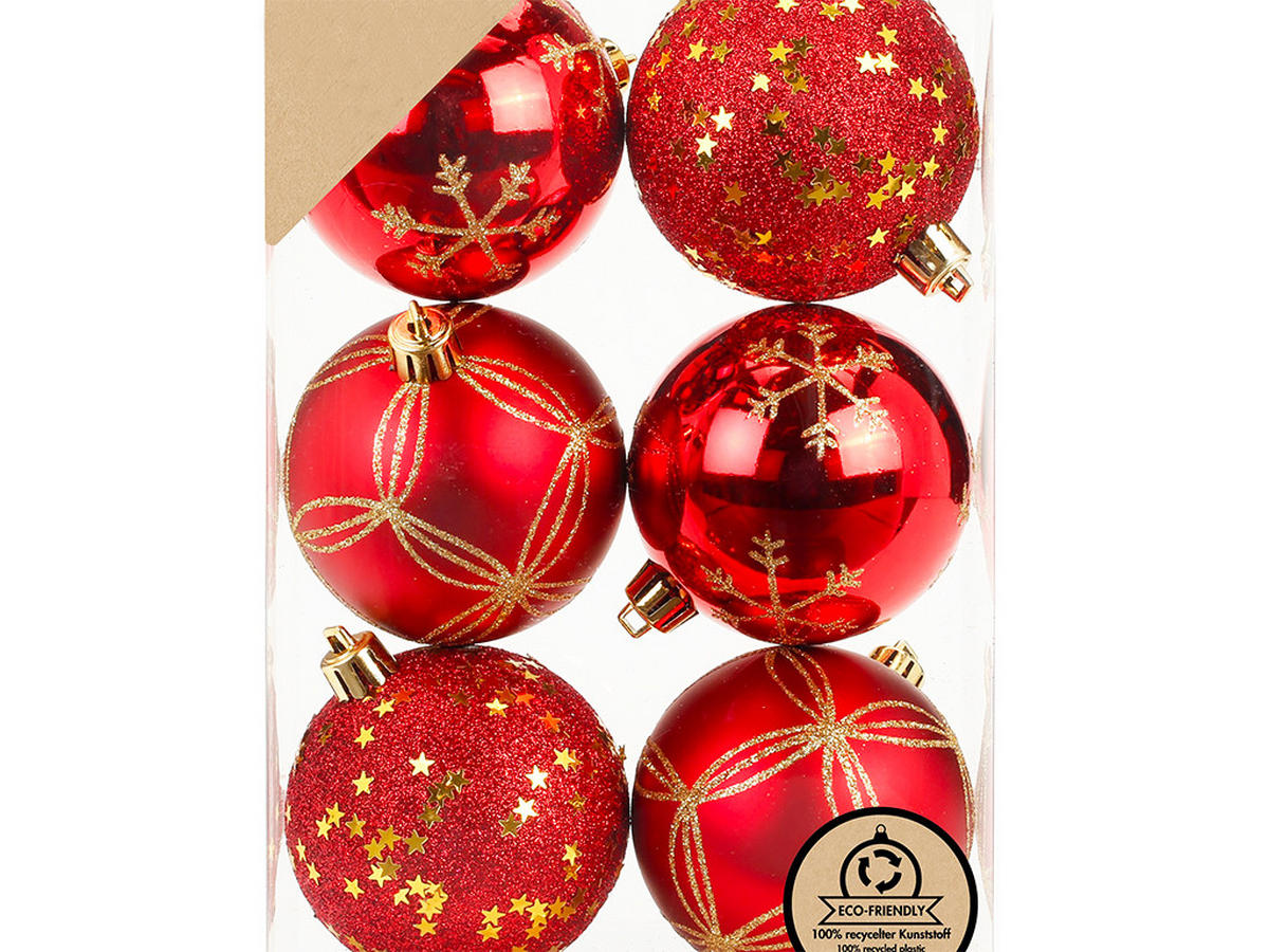 WEIHNACHTSORNAMENTE 6er-Set Ornamente rot Mix 8 cm - Rot/Goldfarben, Kunststoff (8/8/8cm) - LAALU