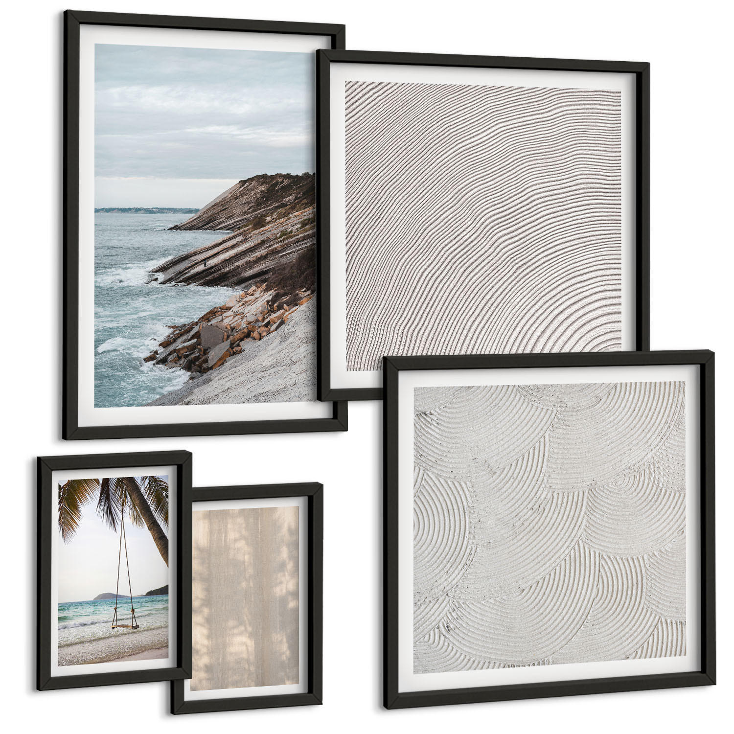 BILDER SET 5er Set - 50x50 cm & 20x30 cm & 40x60 cm Schwarzer Rahmen - Sommerlicher Sandstrand mit Meerblick - Schwarz, Kunststoff (40/60cm) - TULUP