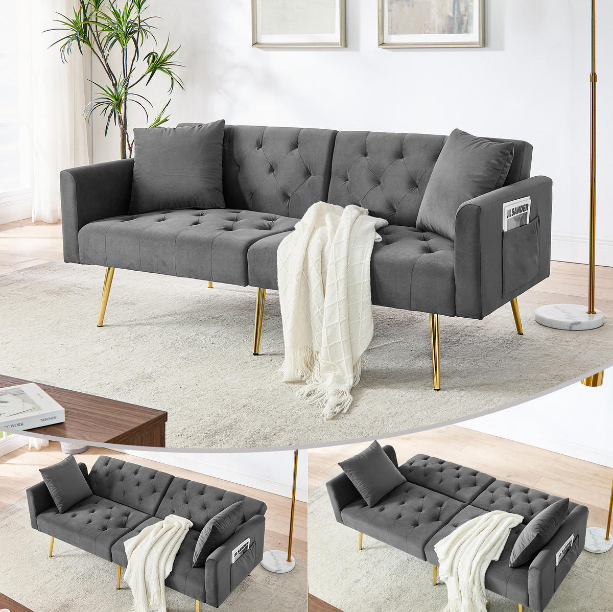 SOFA 2-Sitzer mit verstellbarer Rückenlehne Grau Samt - Grau, Holzwerkstoff (177/74/80cm) - Meubliv