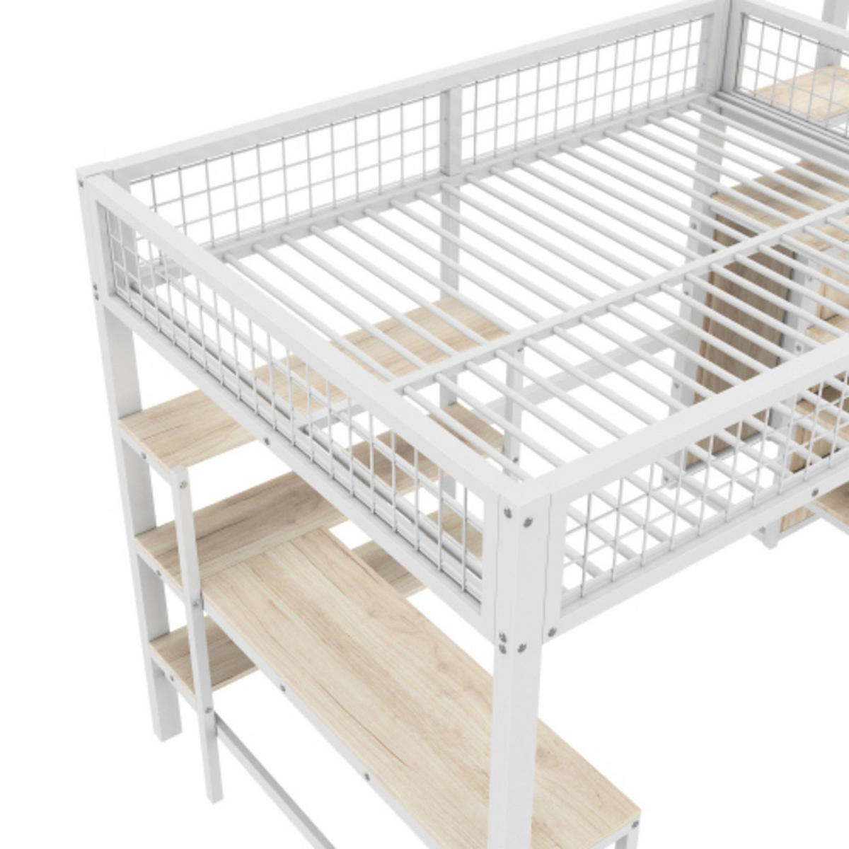 HOCHBETT 140 × 200 cm aus Metall und MDF mit Schreibtisch, Regalen und Kleiderschrank, weiß - Weiß, Holzwerkstoff - Luhomfu
