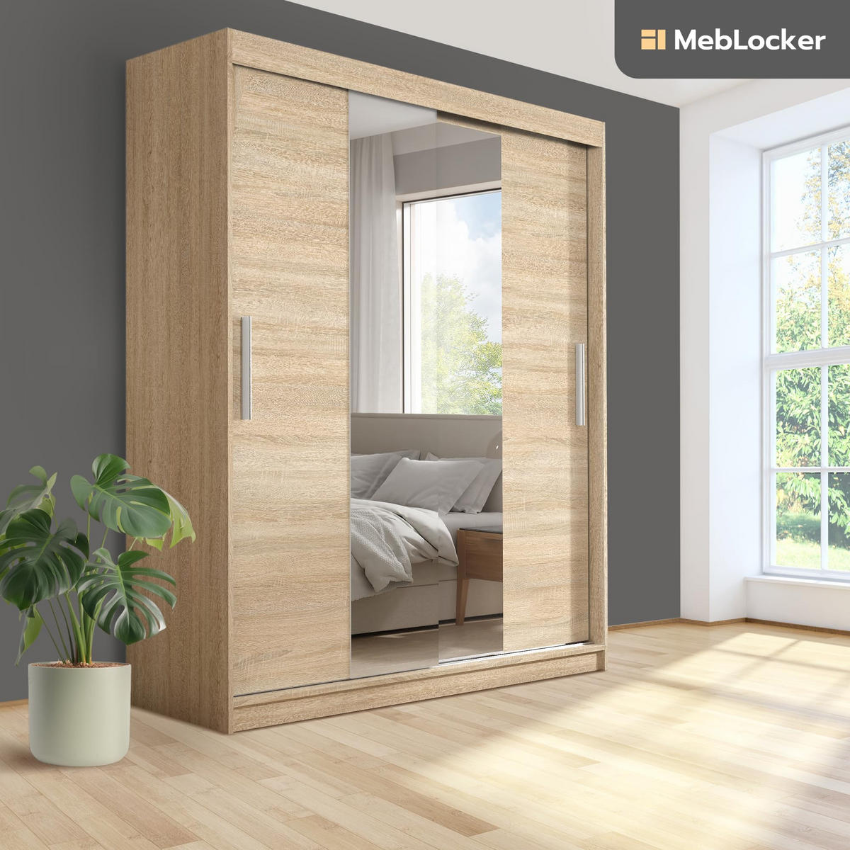 SCHIEBETÜRENSCHRANK mit Spiegel - Sonoma Eiche, Holzwerkstoff (215.5/180/59cm) - MebLocker