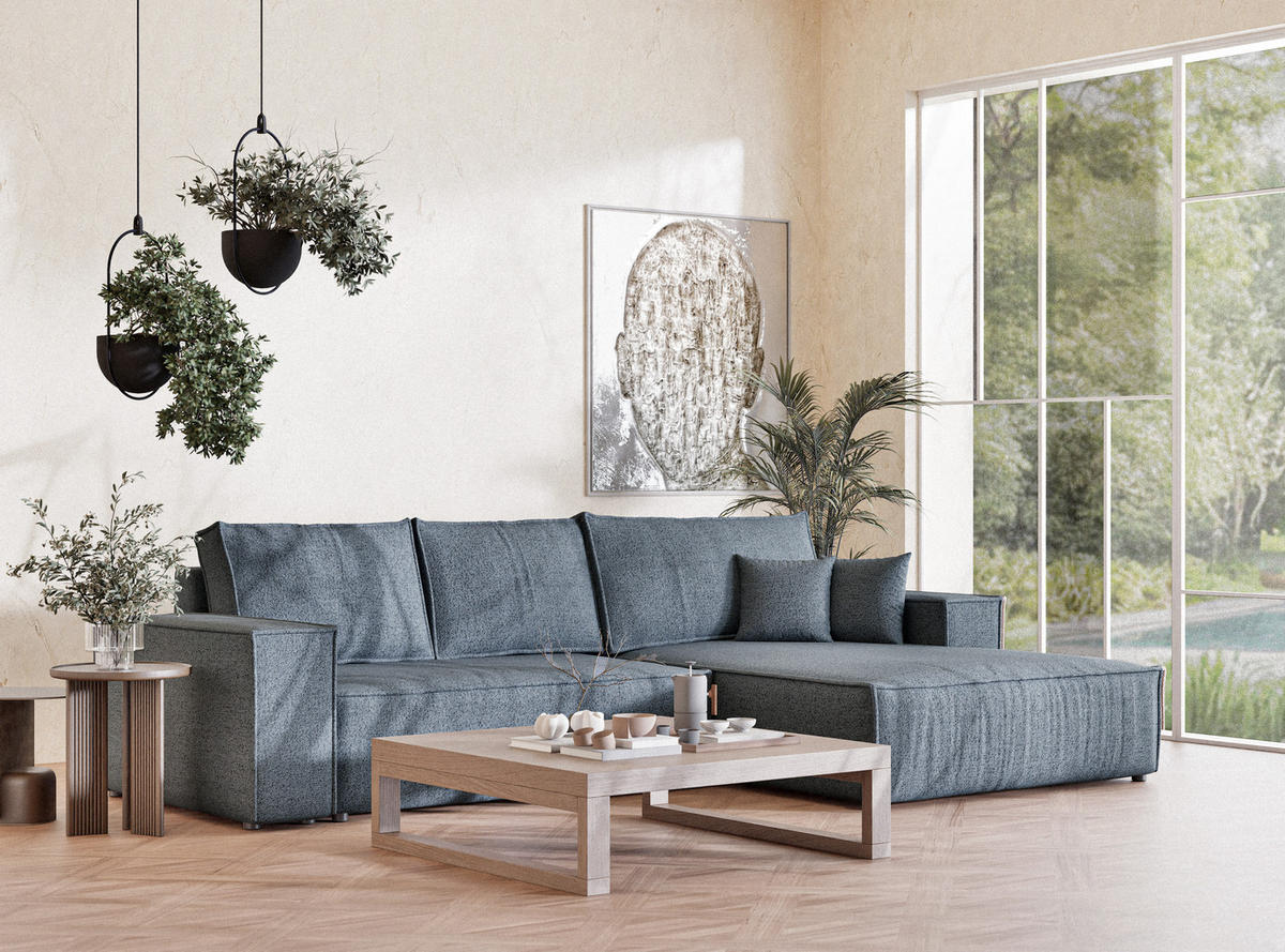 ECKSOFA MIT SCHLAFFUNKTION Maze Blau Grau Webstoff - Blaugrau/Schwarz, Holz/Holzwerkstoff (294/185cm) - Maison de Reve