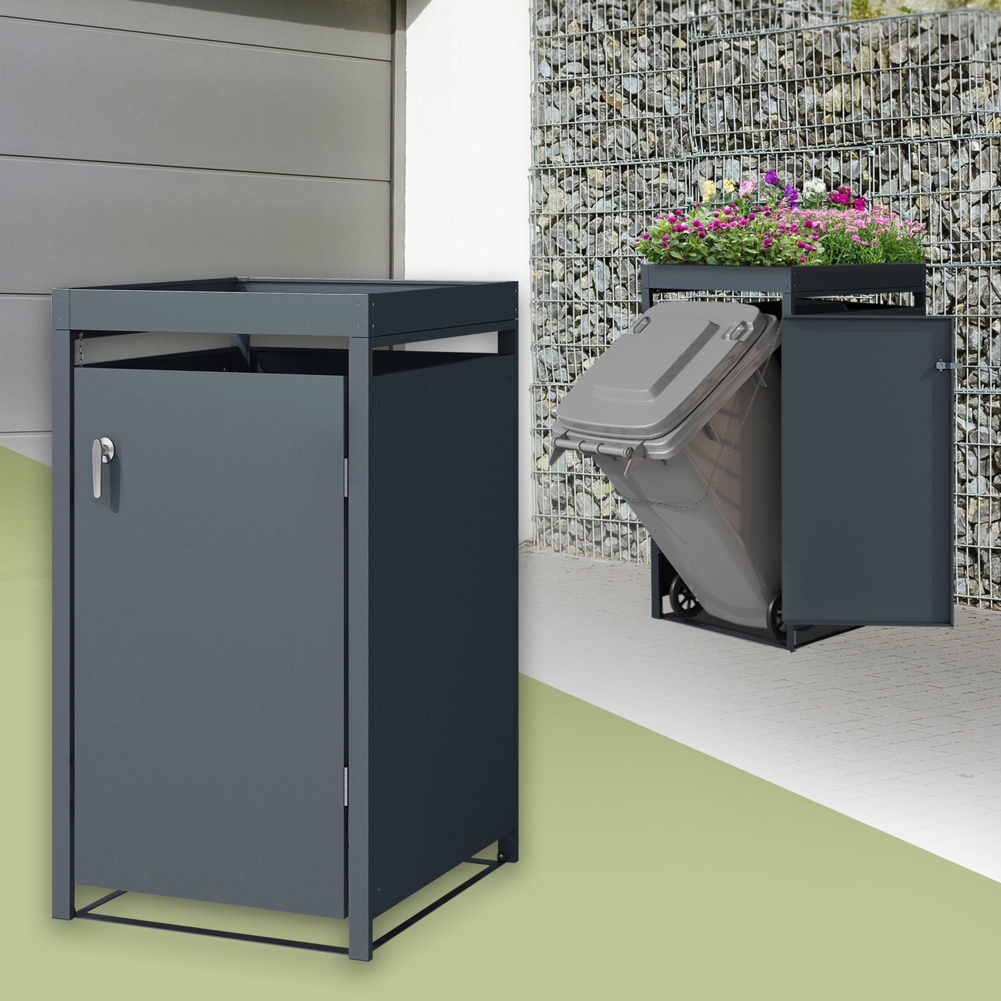 MÜLLTONNENBOX 1er mit Pflanzdach Anthrazit - Anthrazit, Metall (80/124/68cm) - ML-DESIGN