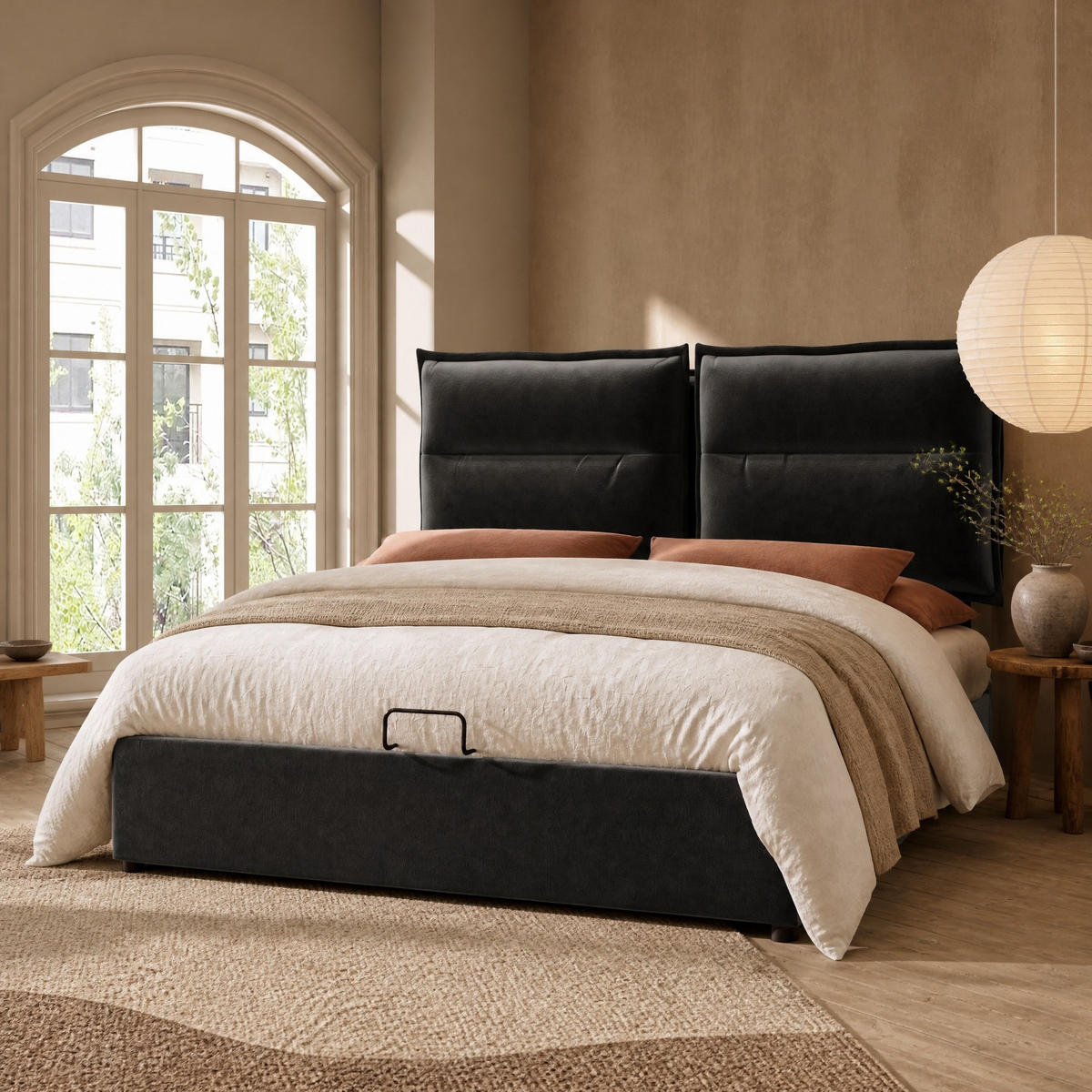 ČALOUNĚNÁ POSTEL 140/200 cm v černé barvě s úložným prostorem ze sametu - černá, kov/kompozitní dřevo (140/200cm) - CHICFURN
