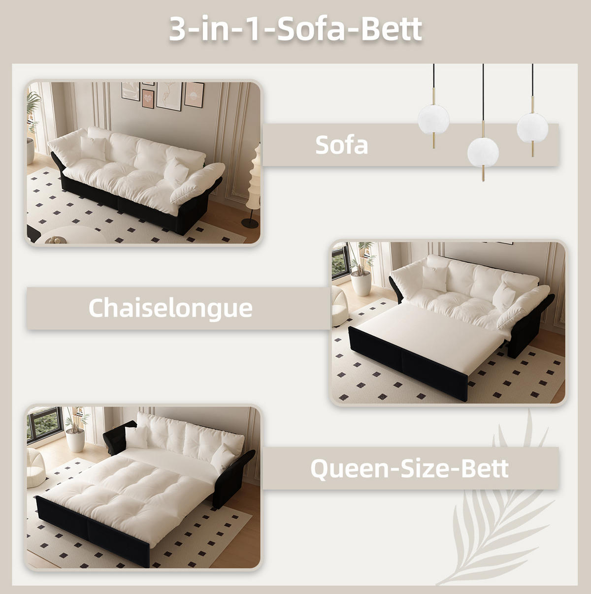 SCHLAFSOFA 190/85/91 cm, 3-in-1 ausziehbar mit Veloursbezug und 2 Kissen, Beige/Weiß - Beige, Textil (190/91/85cm) - Redom