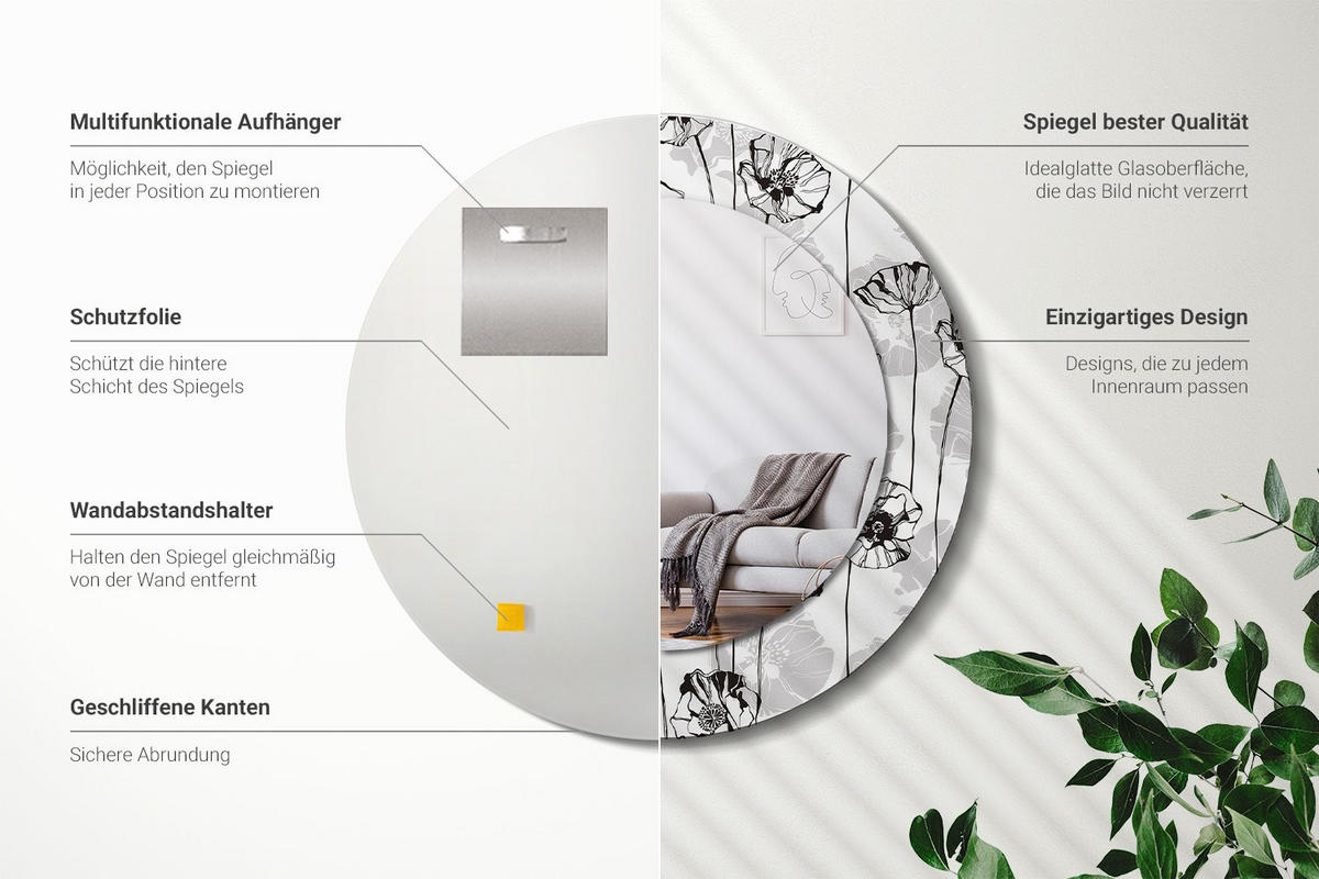 SPIEGEL Rund Ø 50 cm mit Aufdruck - Weiß, Glas (50/50/0.4cm) - Wallfluent