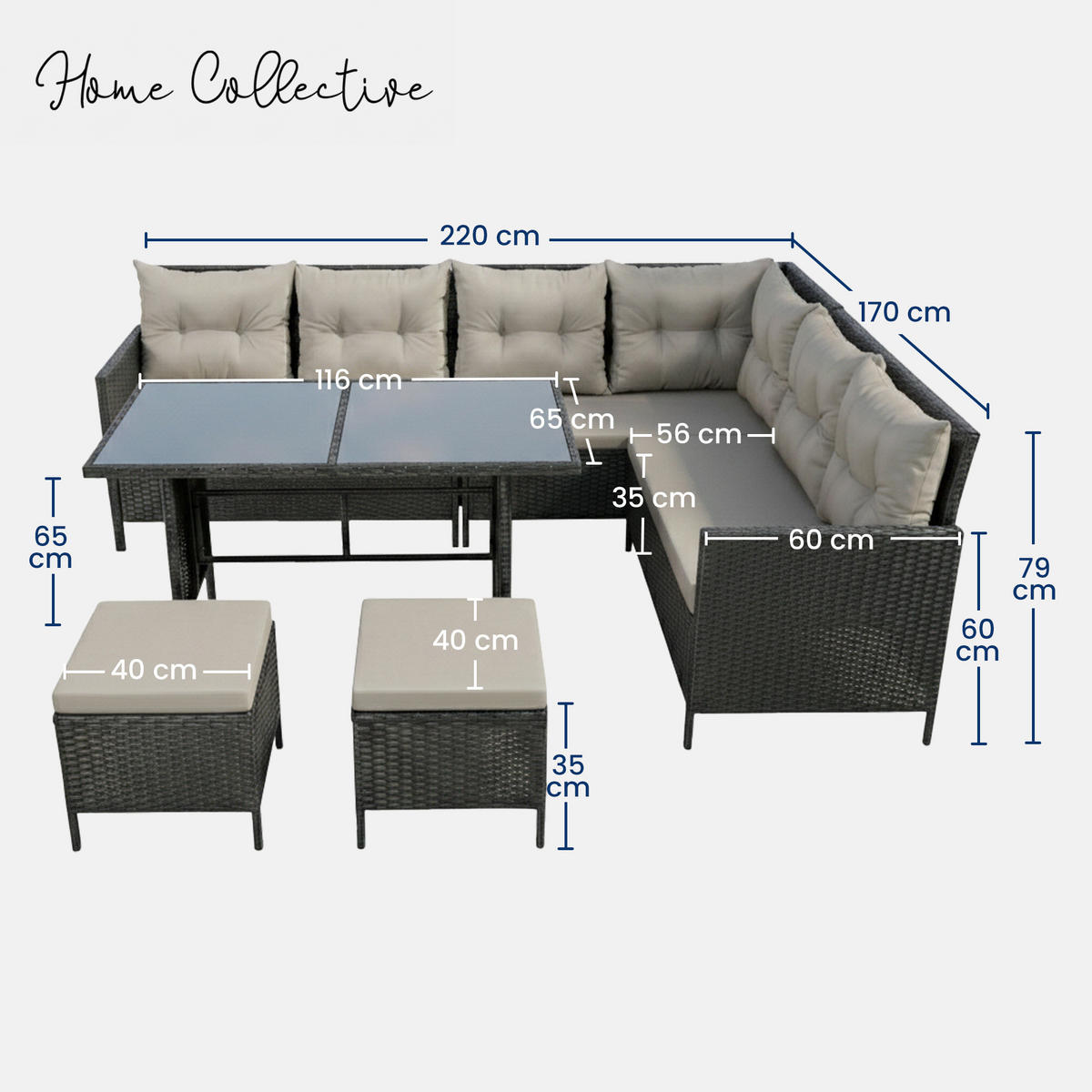 GARTENMÖBEL-SET mit Ecksofa und Esstisch in graue Kissen - Grau, Metall - Home Collective