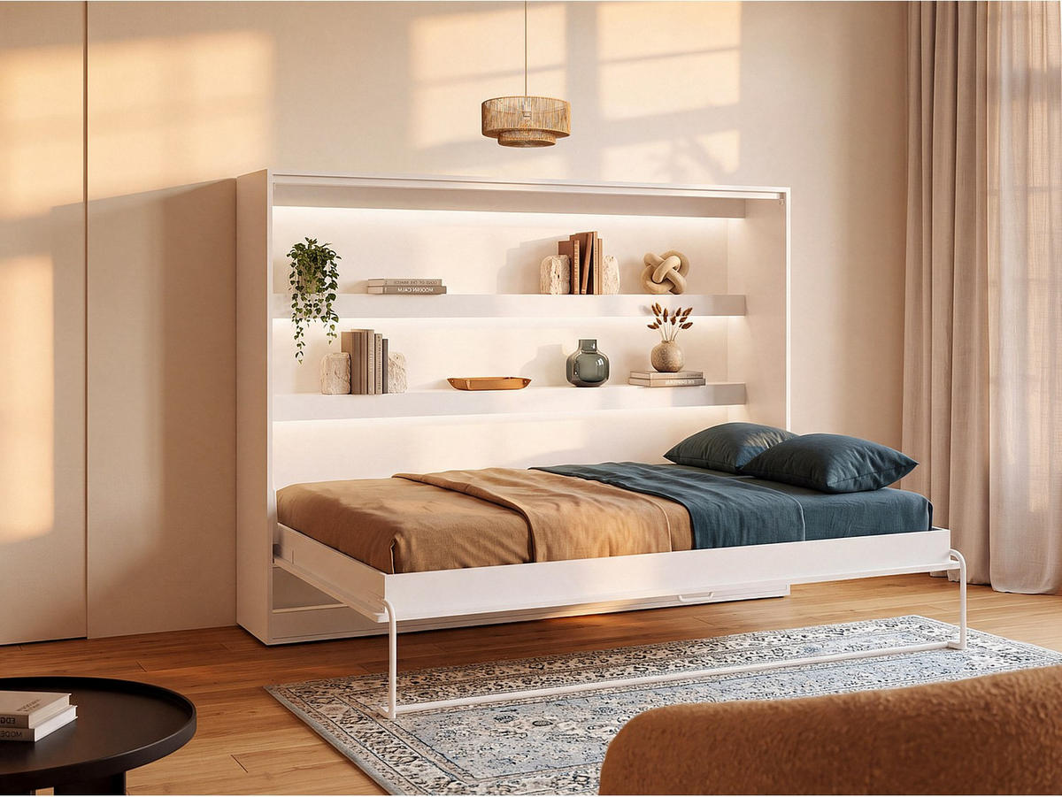 SCHRANKBETT - 2 Personen - holz - weiß Rapili - Weiß, Holz/Metall (140/200cm) - Vente-Unique