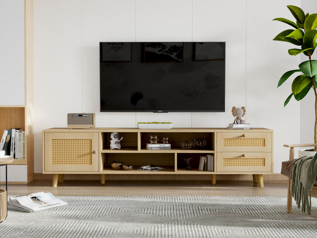 TV-LOWBOARD in Eiche-Optik mit Rattanfront 160/39/40.5 cm - Naturfarben, Holzwerkstoff (160/40.5/39cm) - Redom