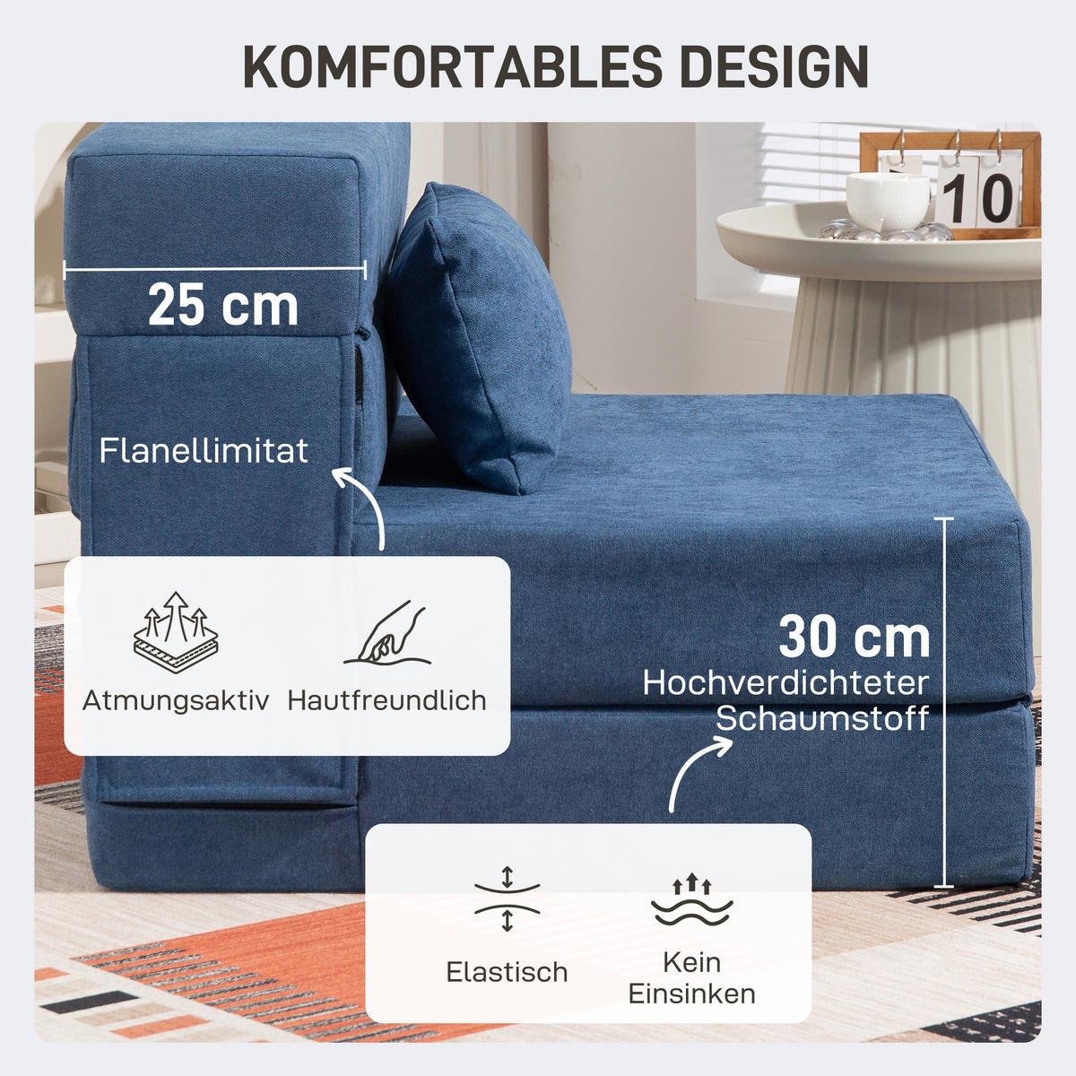 SCHLAFSESSEL 3 in 1 mit Bettfunktion 210L x 80B x 15H cm Dunkelblau - Blau, Kunststoff (80/15/210cm) - HOMCOM