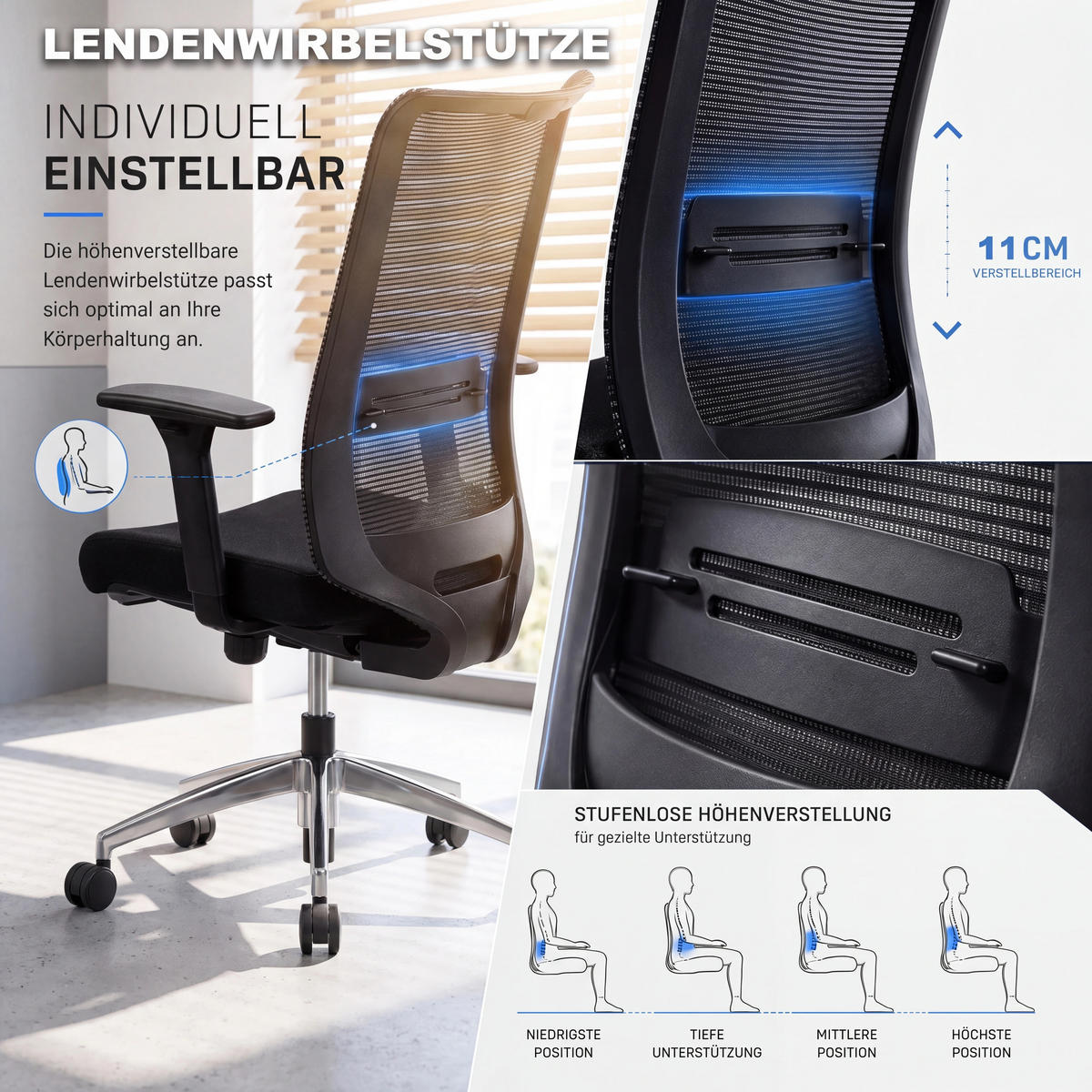 BÜROSTUHL Tanda Stoff/Mesh Schwarz - ergonomisch, 150 kg belastbar, Sitzhöhe 49-61cm - Schwarz, Kunststoff/Textil (65/102/68cm) - Versee