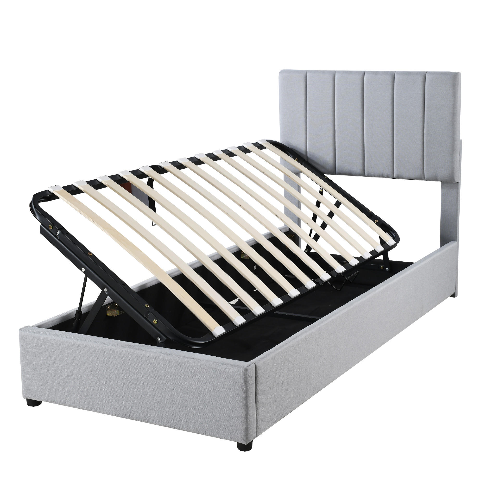 POLSTERBETT 90/200 cm grau hydraulisches Stauraumbett mit verstellbarem Kopfteil - Grau, Textil (90/200cm) - OKWISH