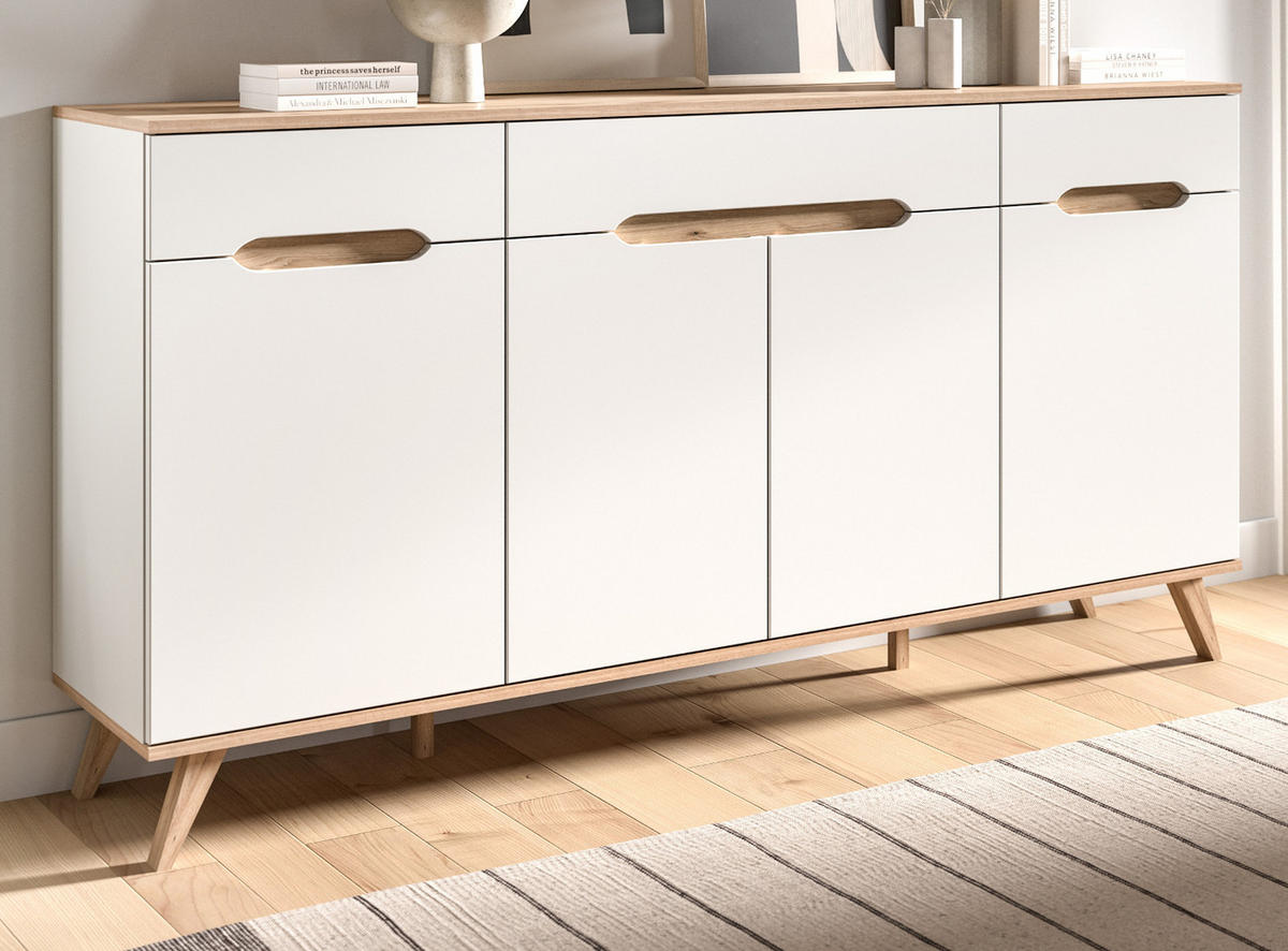 SIDEBOARD weiß, Eiche 185 cm, Kommode mit Soft-Close-Funktion - Eichefarben/Weiß, Holzwerkstoff/Metall (185/95/40cm) - Inn.Furn
