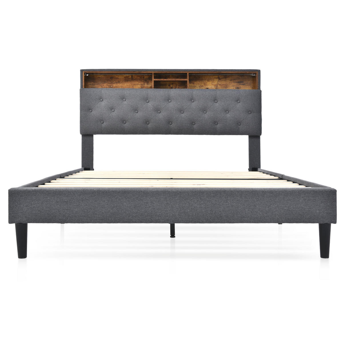 POLSTERBETT 140/200 cm Grau mit Stauraum-Kopfteil und LED-Beleuchtung - Grau, Holz (140/200cm) - OKWISH