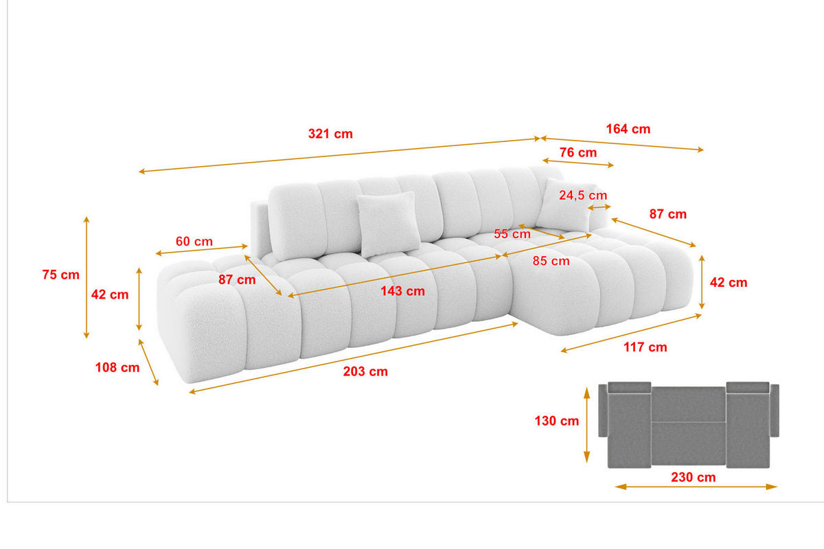 ECKSOFA mit Schlaffunktion Ottomane RECHTS OLEA-L2 321x164x75 Weiß Bouclé - Schwarz/Weiß, Holzwerkstoff/Kunststoff (164/321cm) - ALTDECOR