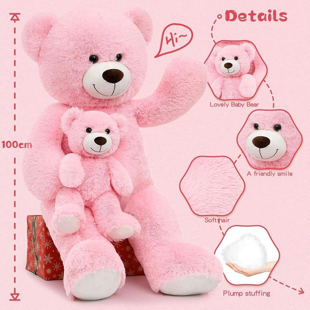 STOFFTIER Teddybär 2-teiliges Set 100 cm Rosa - Rosa, Textil (45/100cm)