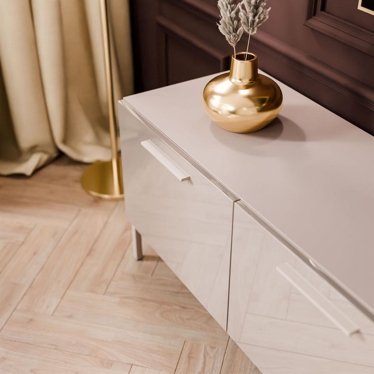 TV-ELEMENT AURA 200 KASCHMIR Hochglanz auf geraden kaschmirfarbenen Beinen + LED - Kaschmir, Holzwerkstoff (200/51/40cm) - Lookway