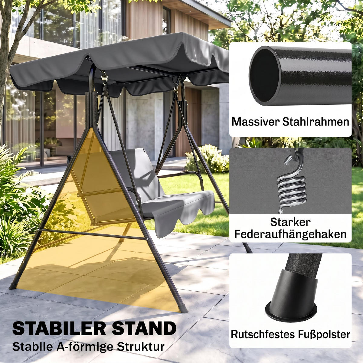 HOLLYWOODSCHAUKEL mit Sitzpolster - Grau, Metall (110/153/172cm) - Outsunny