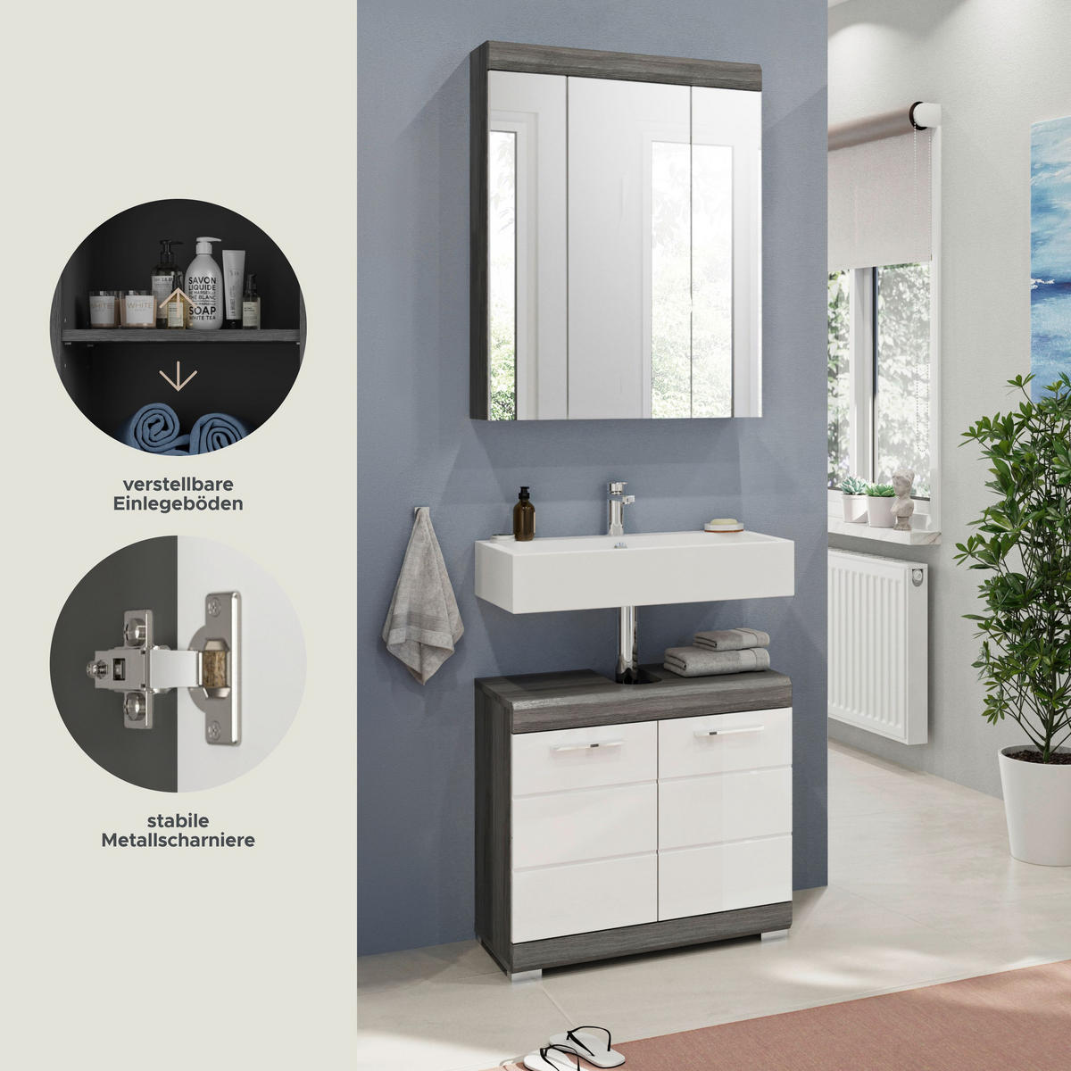 BADKOMBINATION 2tlg. Scout Bad in Rauchsilber Nachbildung und weiß hochglanz B/H/T: 60x191x34 cm - Anthrazit, Holz (60/191/34cm)