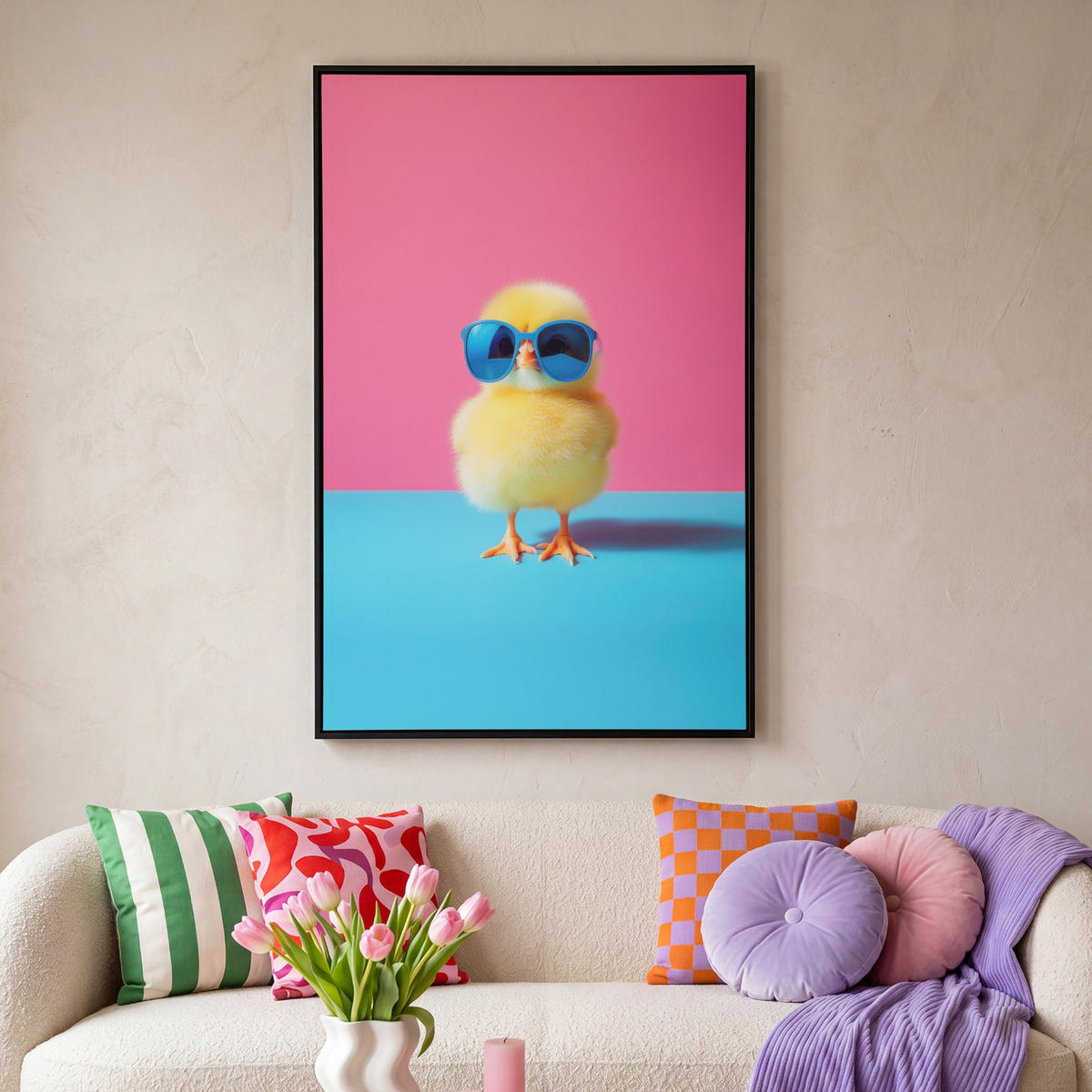 LEINWAND Bilder mit Rahmen - Chick - Sonnenbrille - Blau - 90x140 - Pink, Textil (90/140cm) - MuchoWow