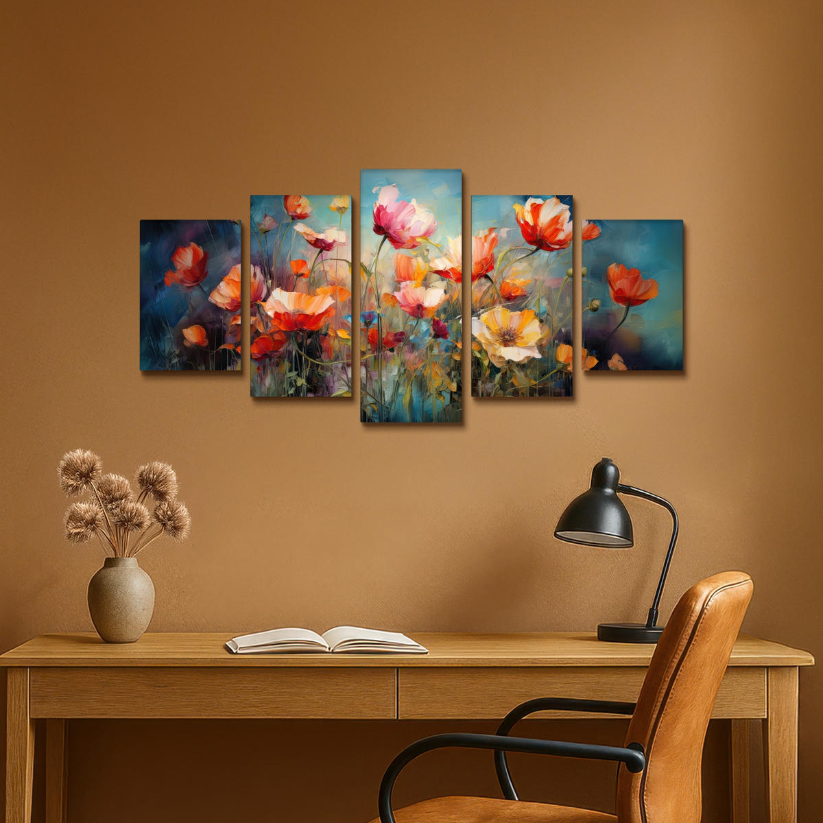 LEINWANDBILD 5er Set Blumen - Bunt - Abstrakt 100x50 cm - Blaugrau, Textil (100/50cm) - MuchoWow