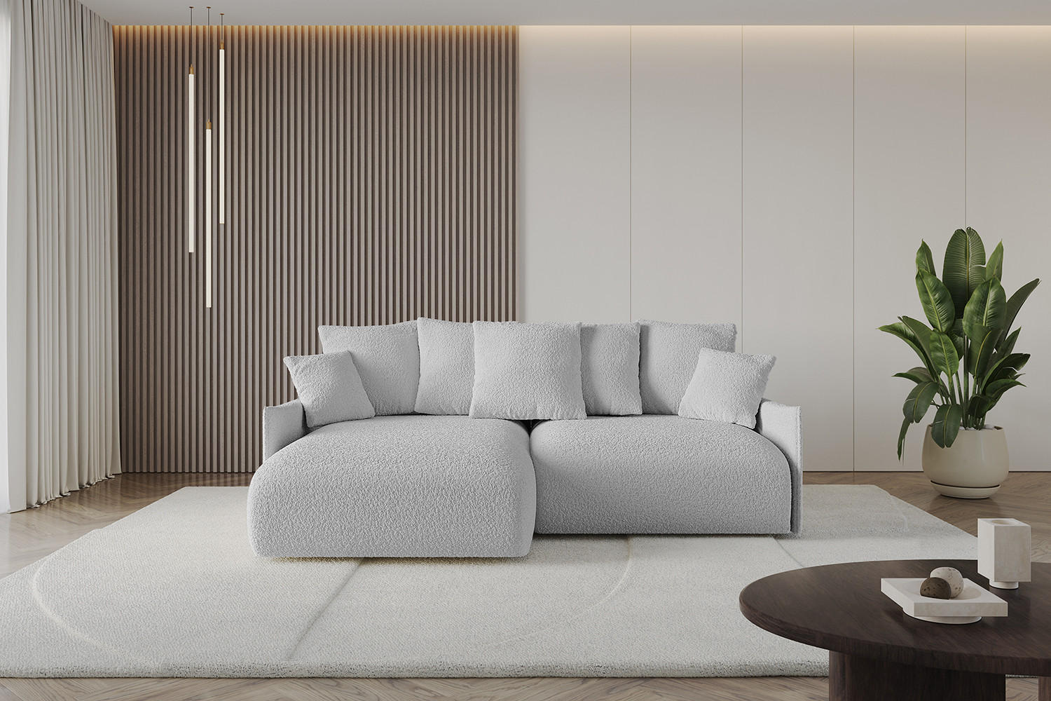 ECKSOFA mit Schlaffunktion und Bettkasten ONESK-L -v1 208x165x40 Hellgrau Bouclé - Hellgrau, Holzwerkstoff/Kunststoff (208/165cm) - ALTDECOR