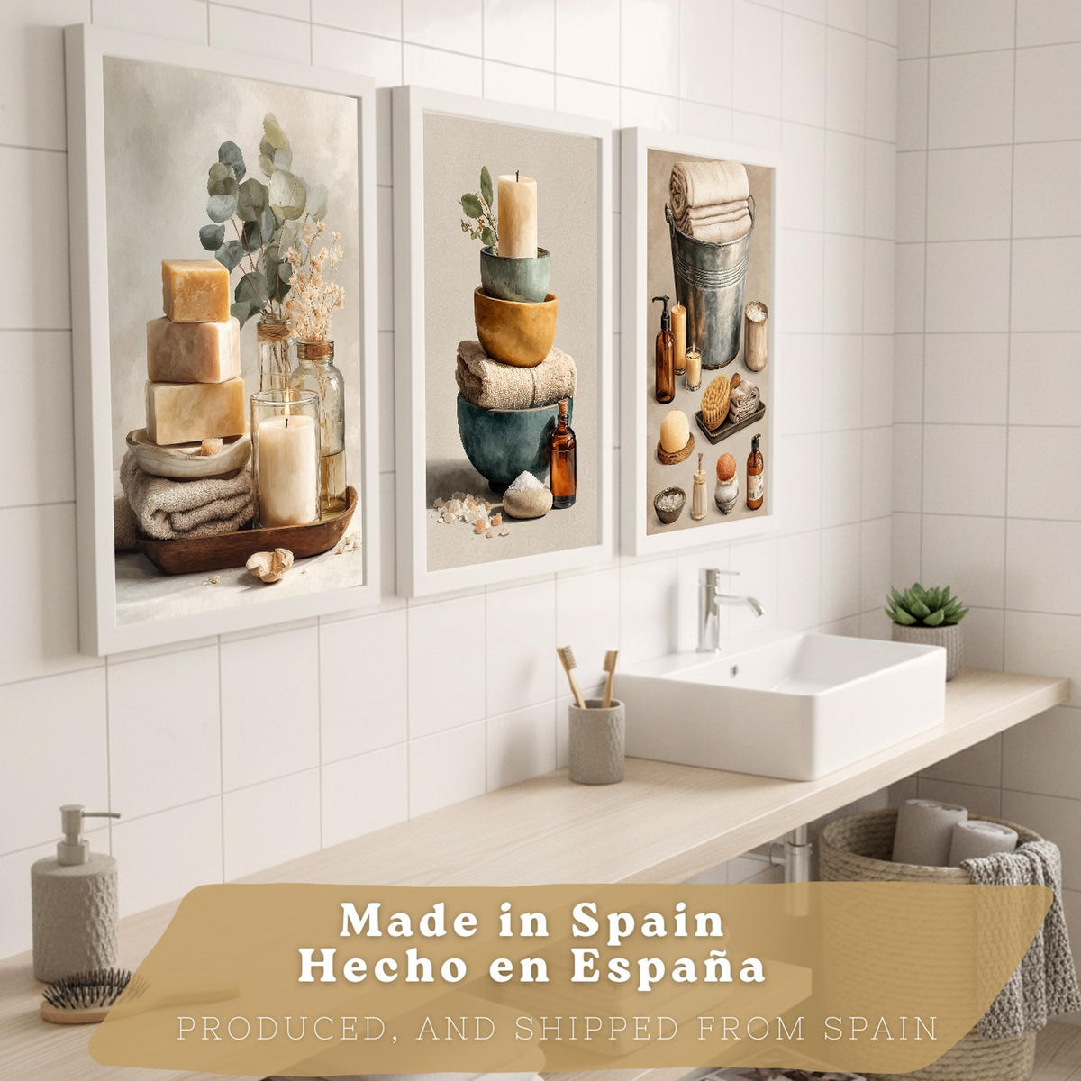 POSTER Set aus 3 Badezimmer Wandbildern und Drucke zur Dekoration für Waschbecken Dusche WC und Bad mit Kerzen Seifen und Handtüchern Weißer Rahmen A3 - Weiß, Papier (42/29.7/3cm) - Nacnic