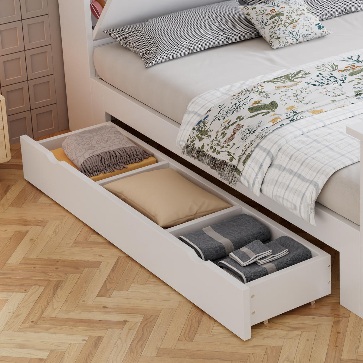 BETT 140/200 cm in Weiß mit Stauraum, Klapptisch und verstellbarer Schublade aus Holz - Weiß, Holzwerkstoff - STILVORA