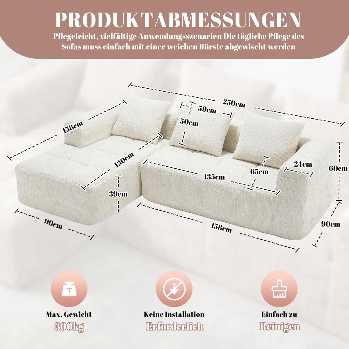 ECKSOFA 3-Sitzer mit Chaiselongue Taschen, Beige Chenille - Beige, Textil (158/250cm) - Urban Meuble