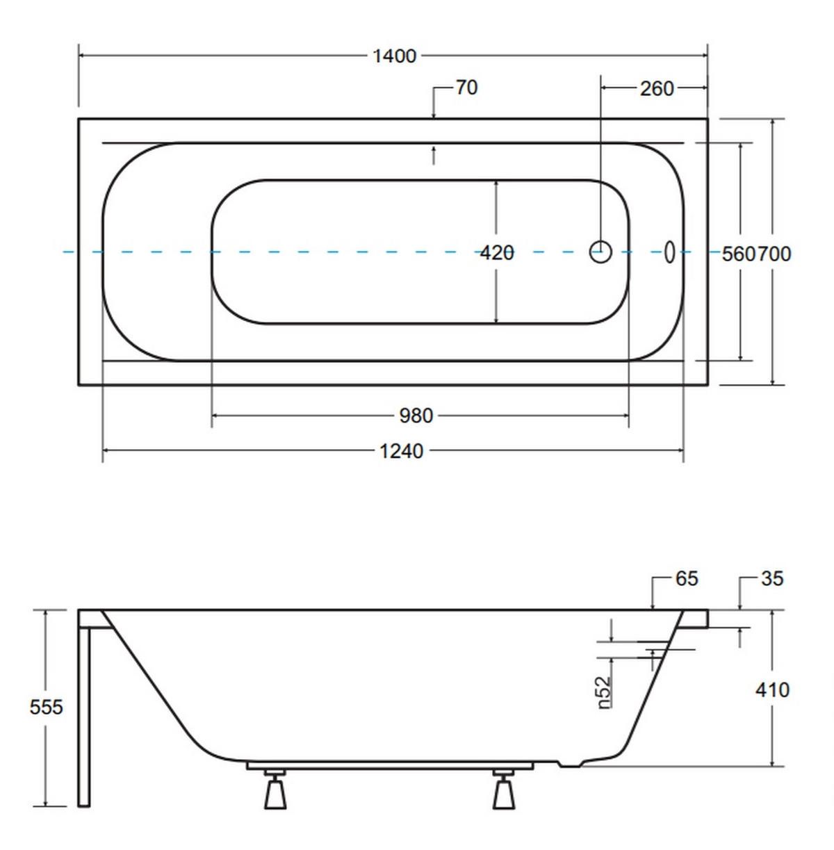 BADEWANNE Rechteck CONTINEA 140/70 Ablauf & Füße - Weiß, Kunststoff (70/55.5/140cm) - bad land