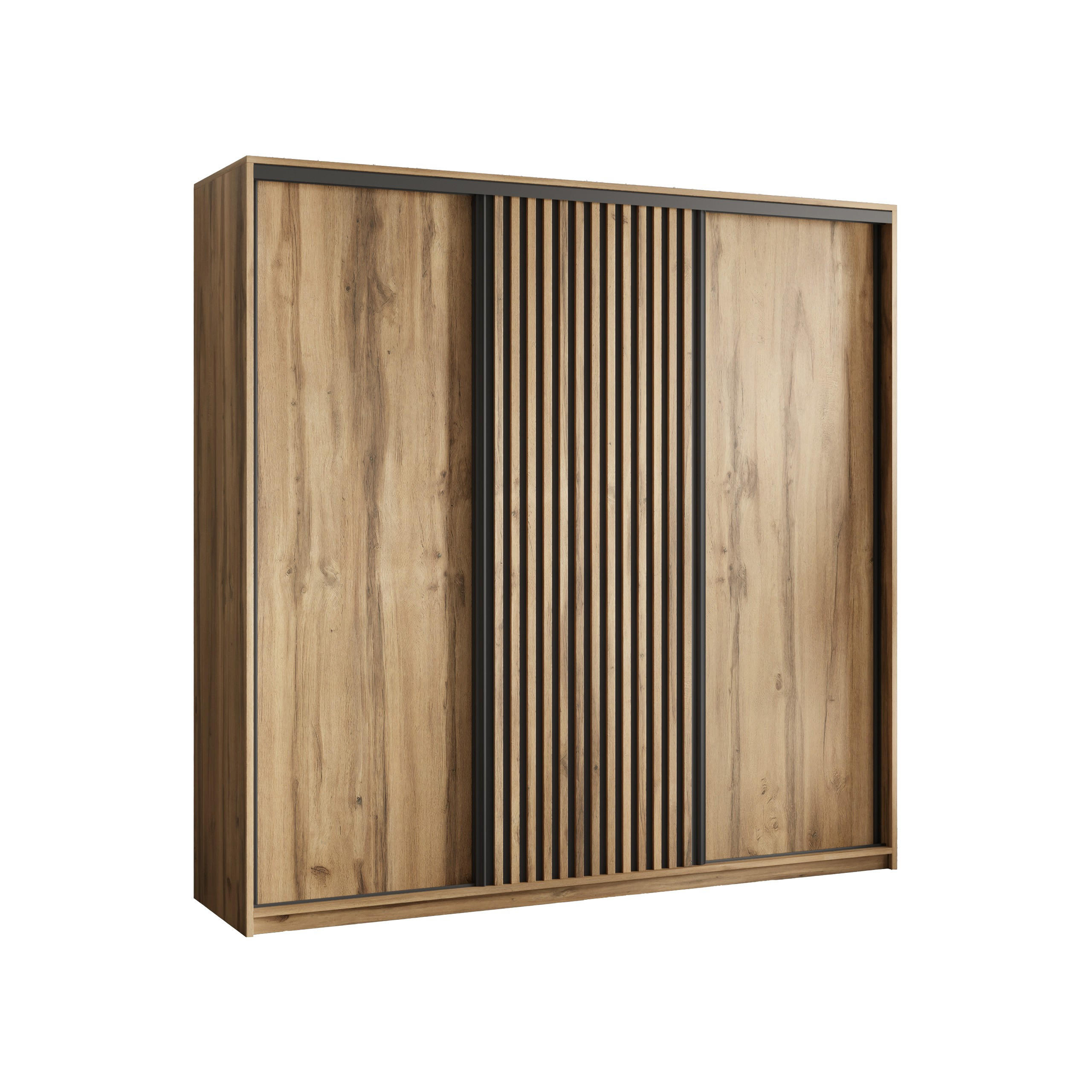SCHWEBETÜRENSCHRANK VONTE 200/205/60 cm 3-türig mit Lamellen Eiche Wotan - Eiche Wotan/Schwarz, Holzwerkstoff (200/205/60cm) - MASSENO